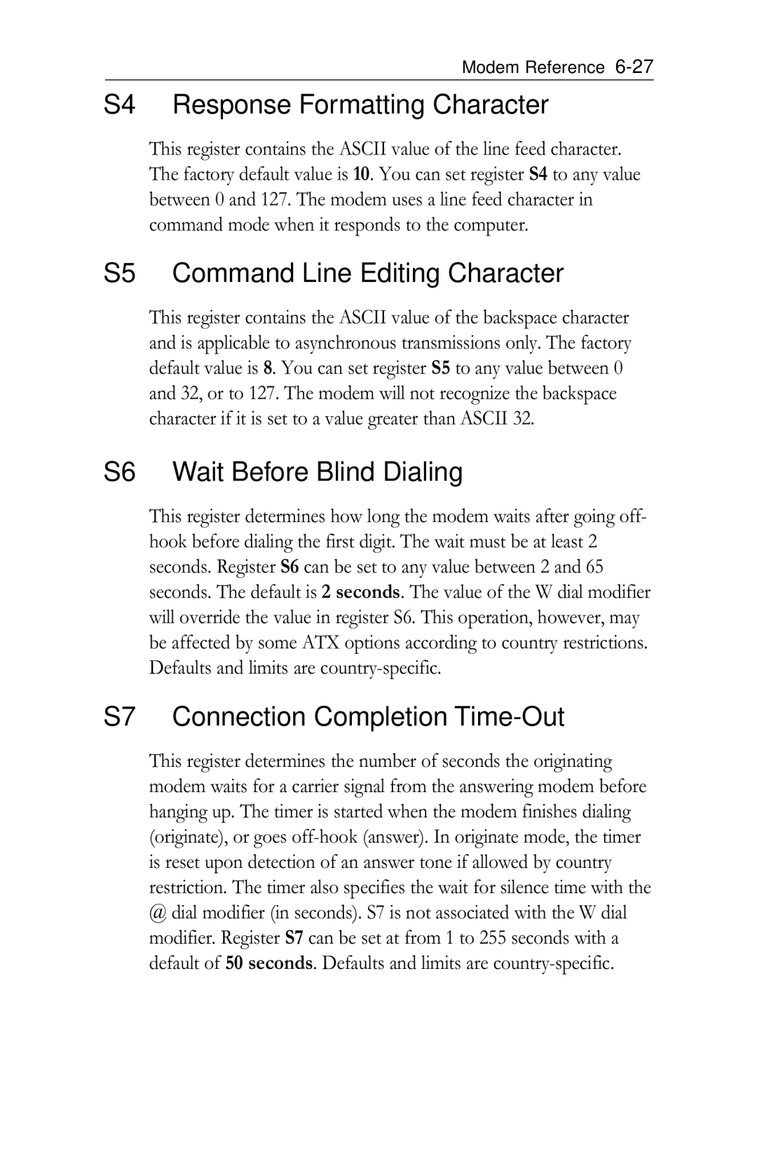 Intel PRO/100 appendix S4 Response Formatting Character, S5 Command Line Editing Character, S6 Wait Before Blind Dialing 