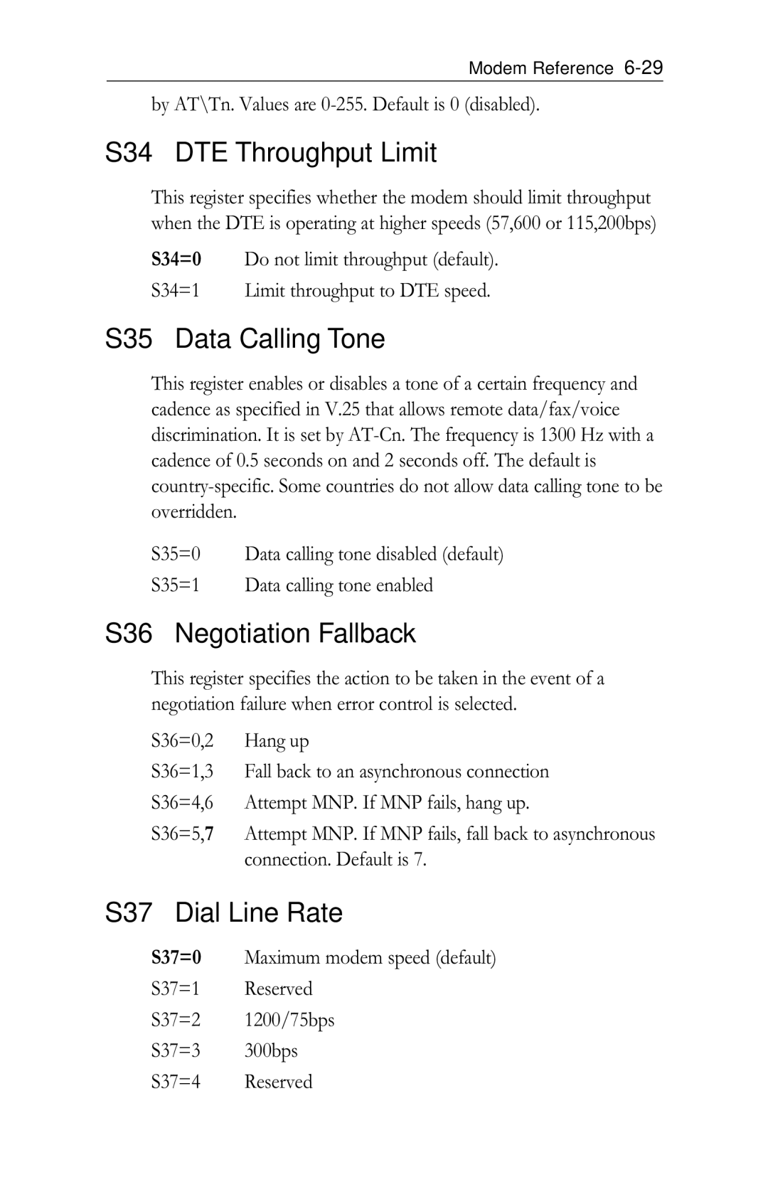 Intel PRO/100 appendix S34 DTE Throughput Limit, S35 Data Calling Tone, S36 Negotiation Fallback, S37 Dial Line Rate 