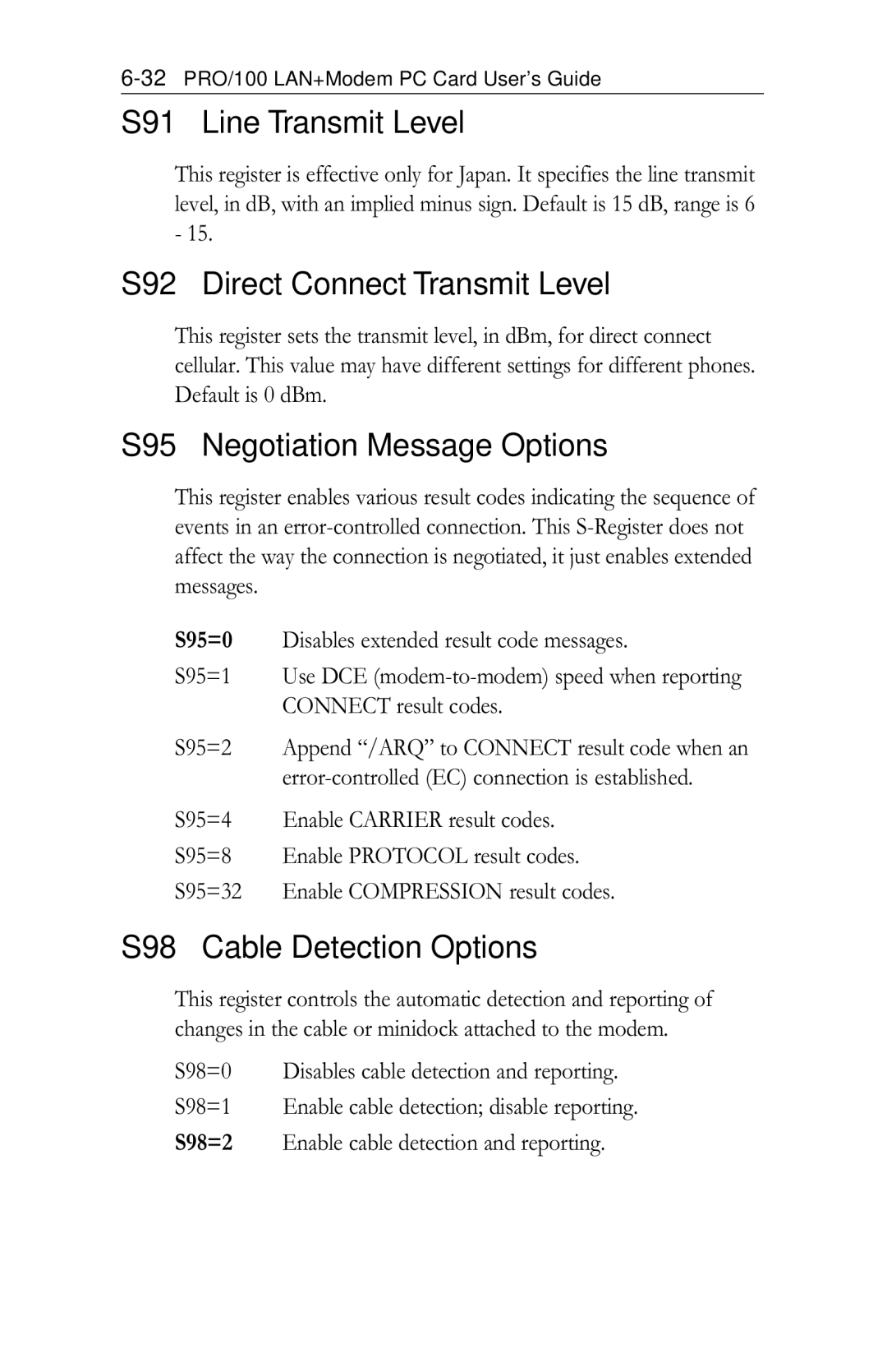 Intel PRO/100 appendix S91 Line Transmit Level, S92 Direct Connect Transmit Level, S95 Negotiation Message Options 