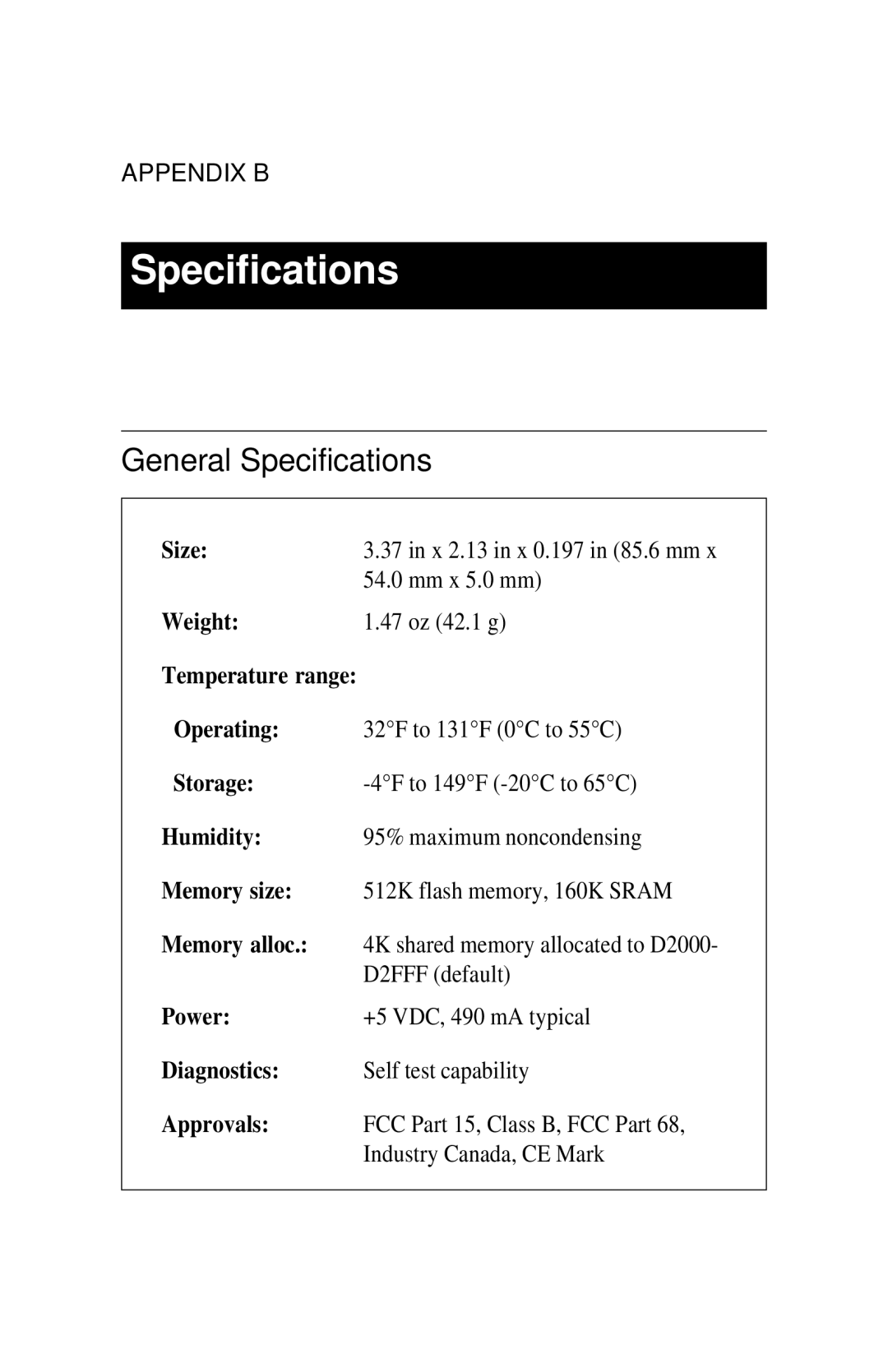 Intel PRO/100 appendix General Specifications 