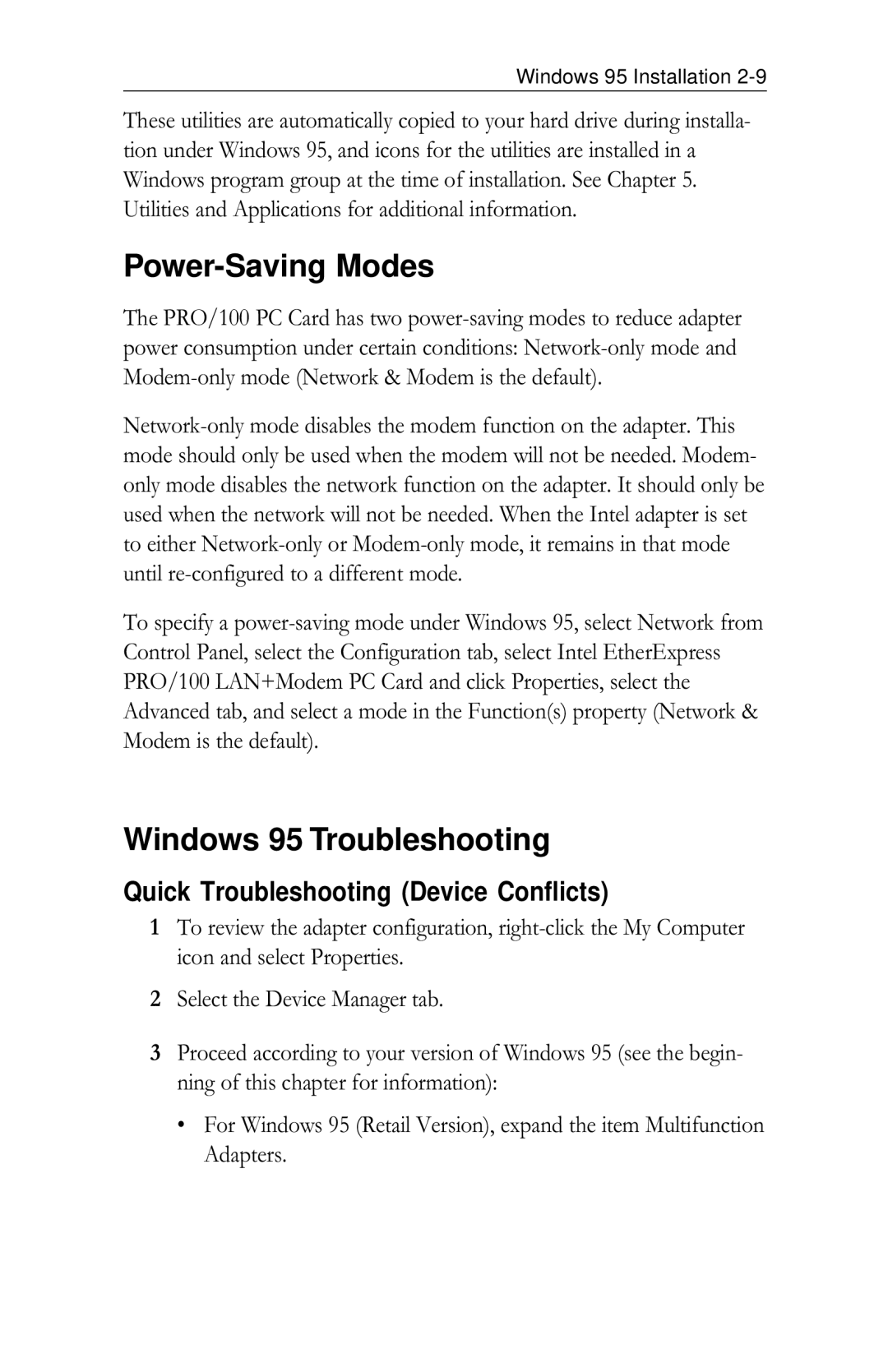 Intel PRO/100 appendix Power-Saving Modes, Windows 95 Troubleshooting, Quick Troubleshooting Device Conflicts 