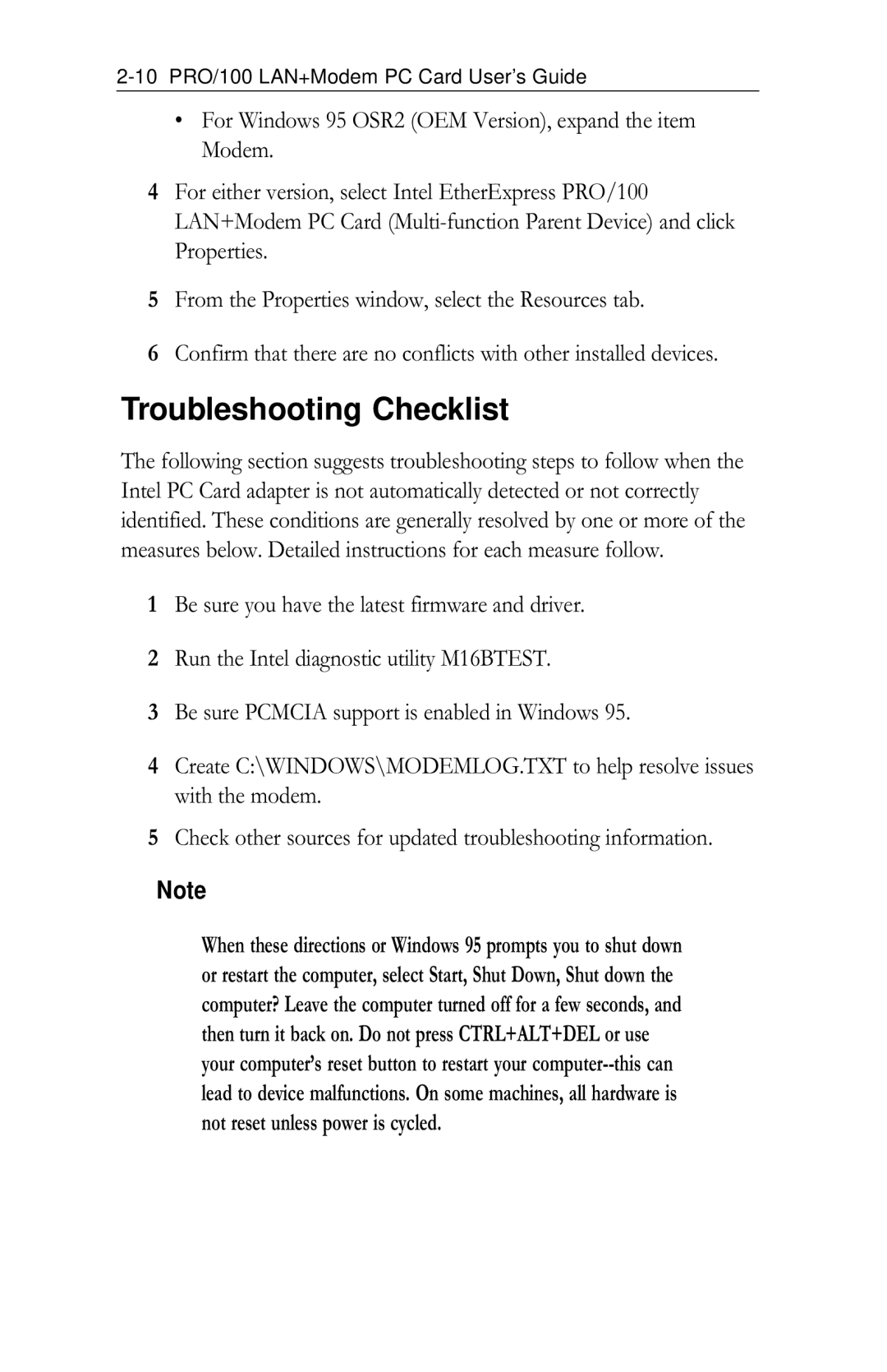 Intel PRO/100 appendix Troubleshooting Checklist 