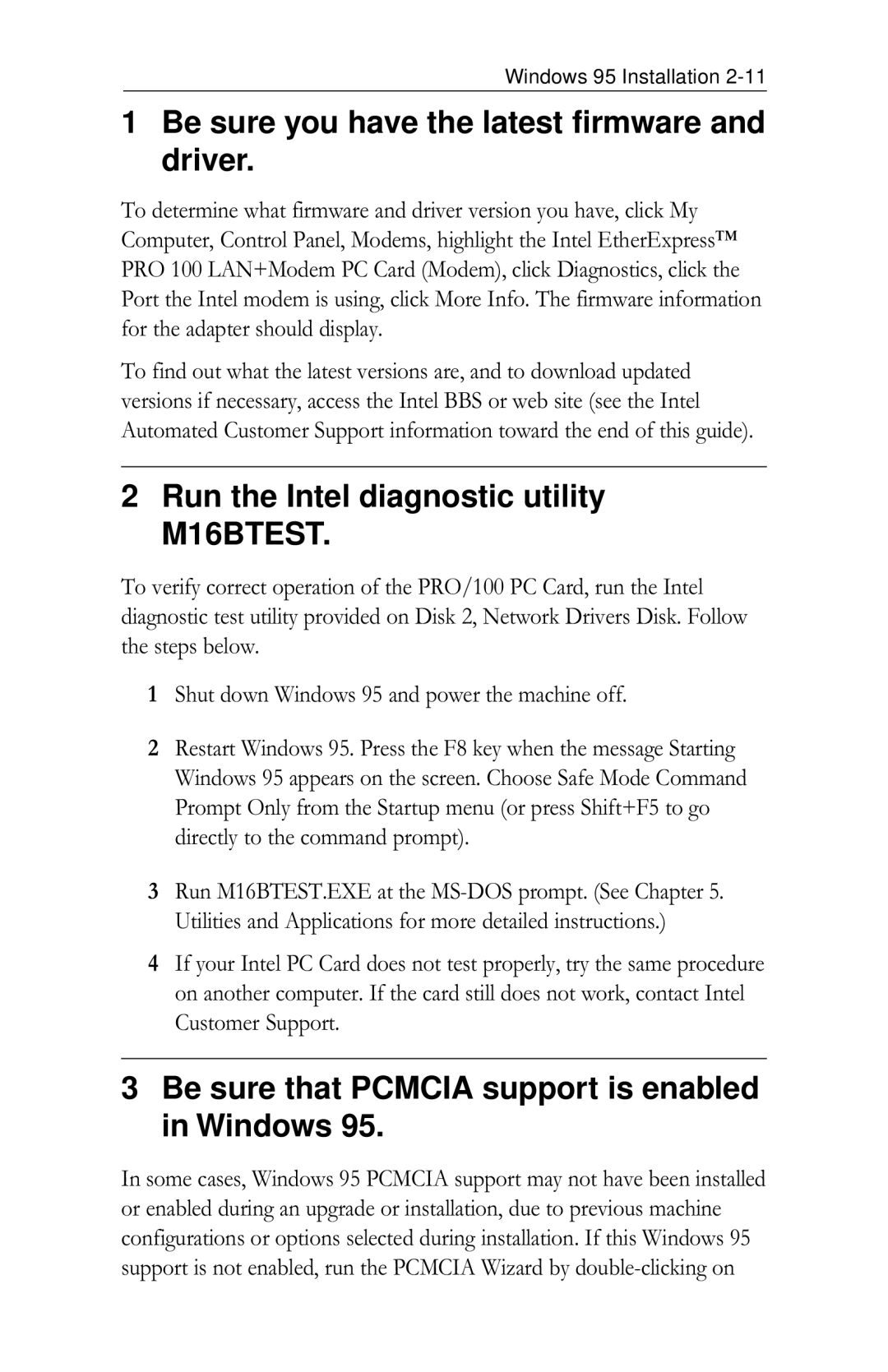 Intel PRO/100 appendix Be sure you have the latest firmware and driver, Run the Intel diagnostic utility M16BTEST 