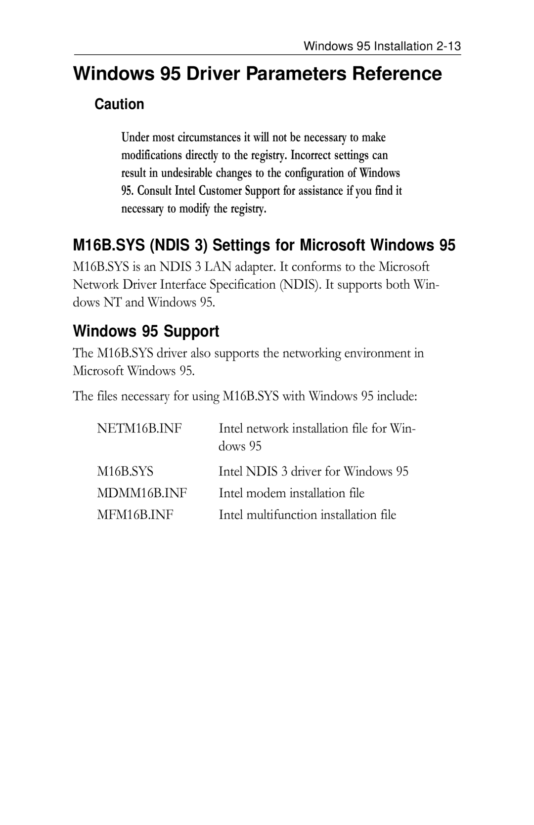 Intel PRO/100 Windows 95 Driver Parameters Reference, M16B.SYS Ndis 3 Settings for Microsoft Windows, Windows 95 Support 