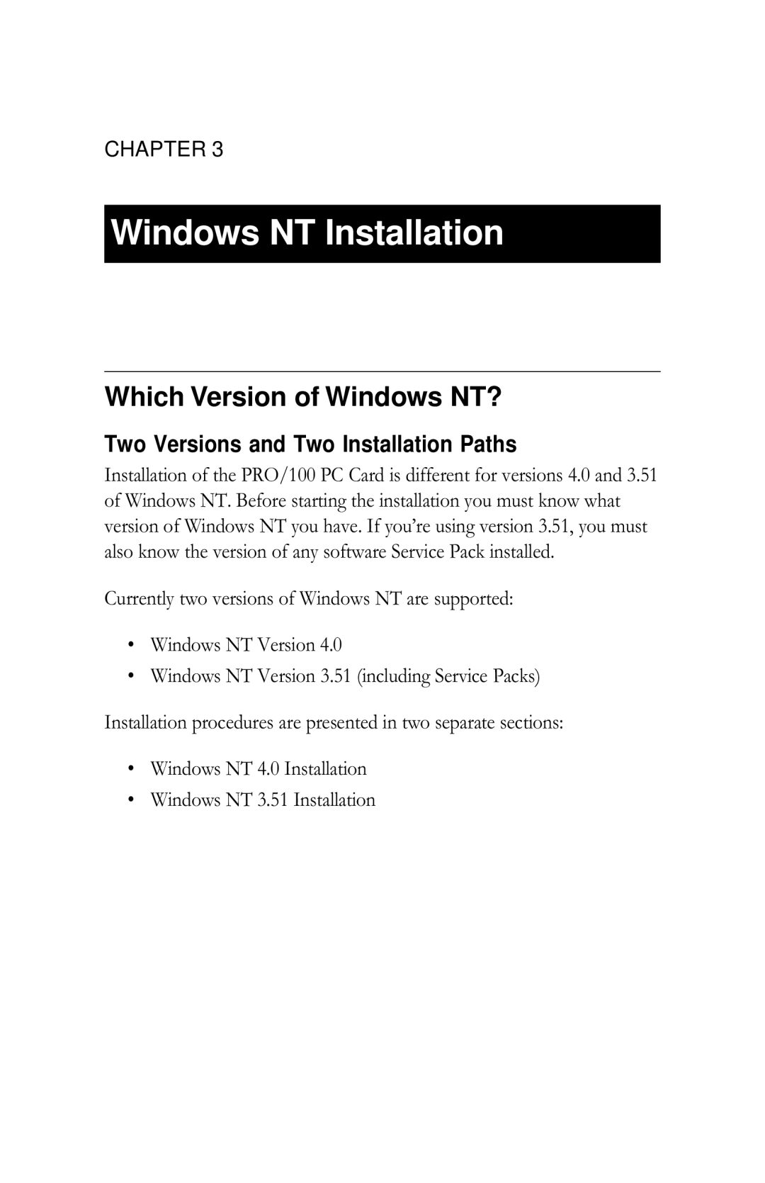 Intel PRO/100 appendix Windows NT Installation, Which Version of Windows NT? 