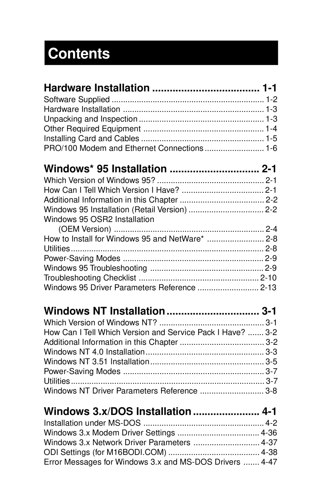 Intel PRO/100 appendix Contents 