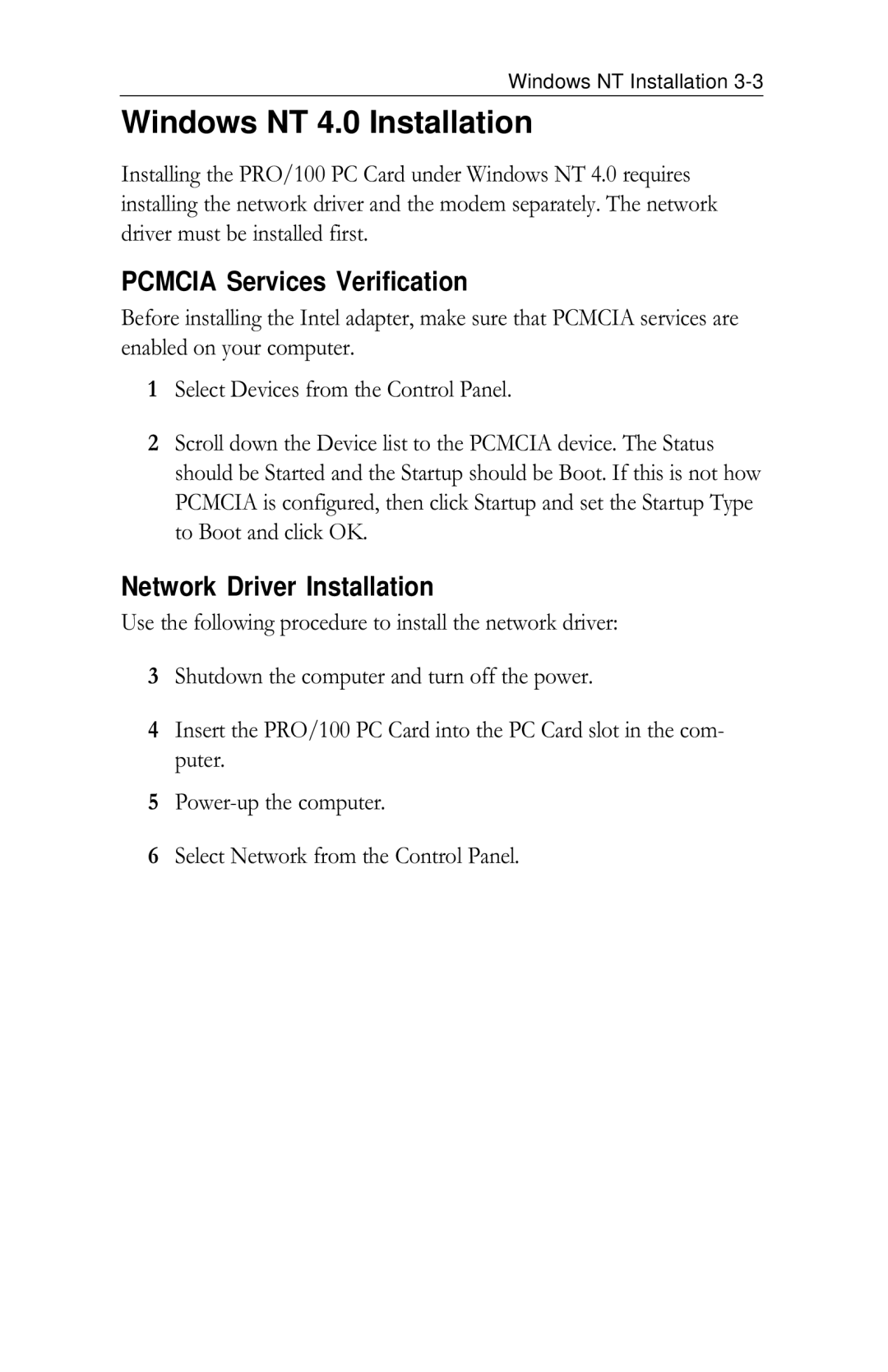 Intel PRO/100 appendix Windows NT 4.0 Installation, Pcmcia Services Verification, Network Driver Installation 