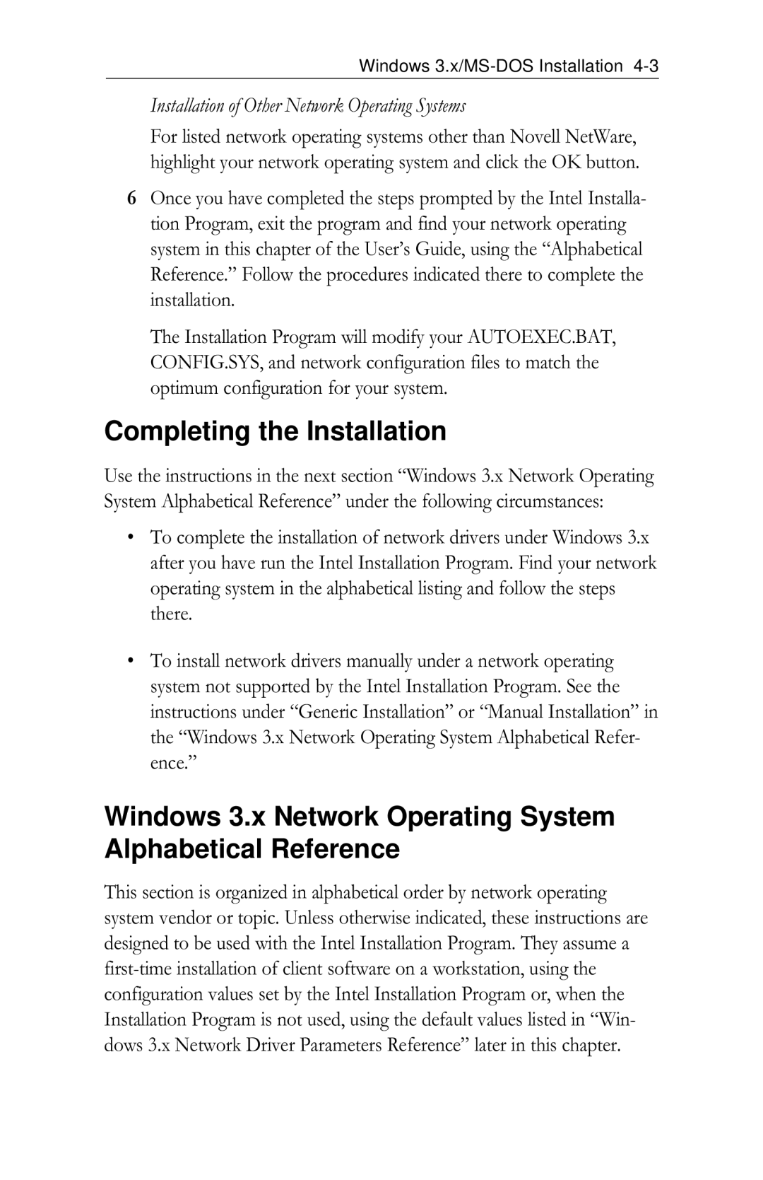 Intel PRO/100 appendix Completing the Installation, Windows 3.x Network Operating System Alphabetical Reference 