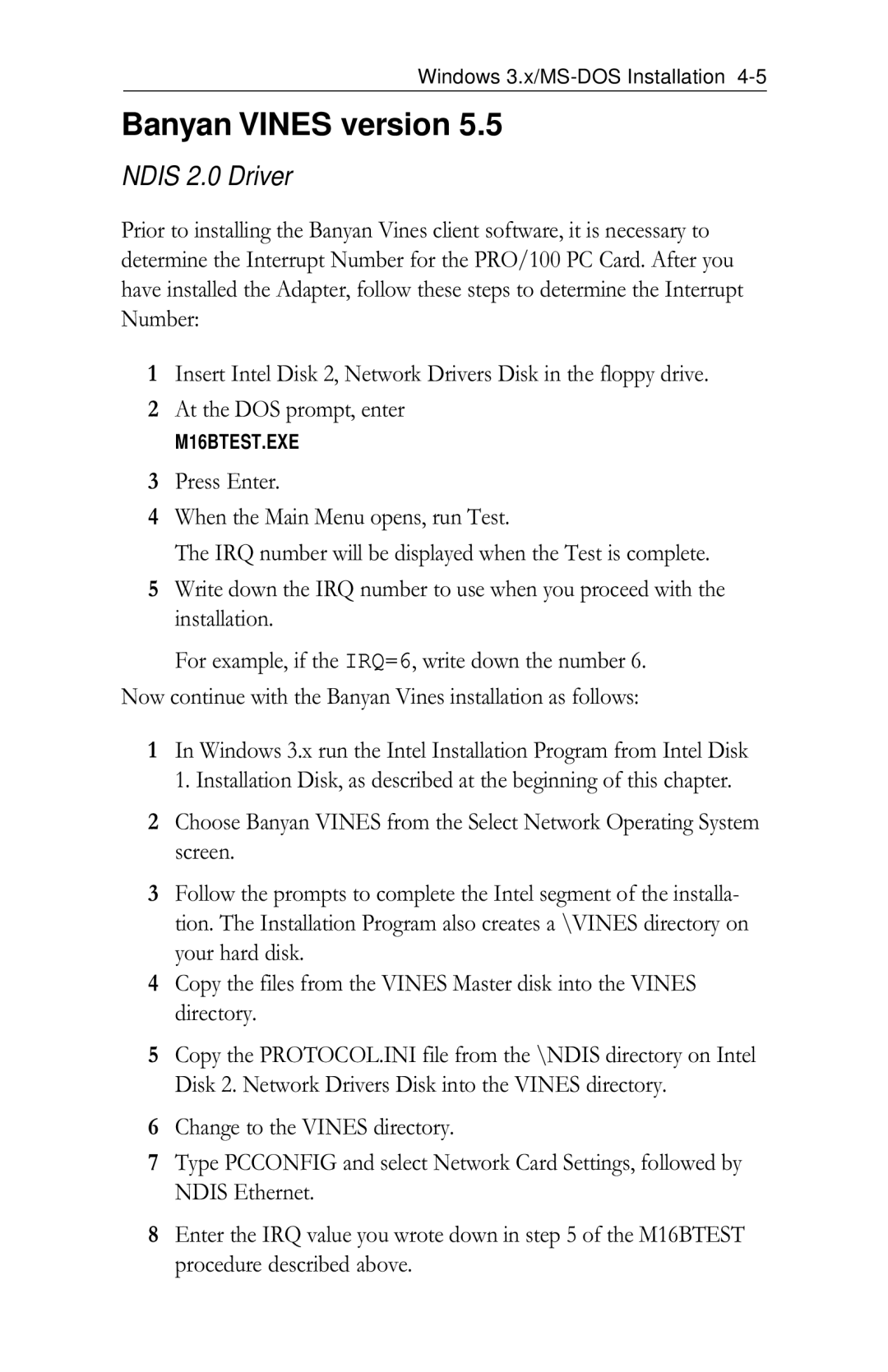 Intel PRO/100 appendix Banyan Vines version 