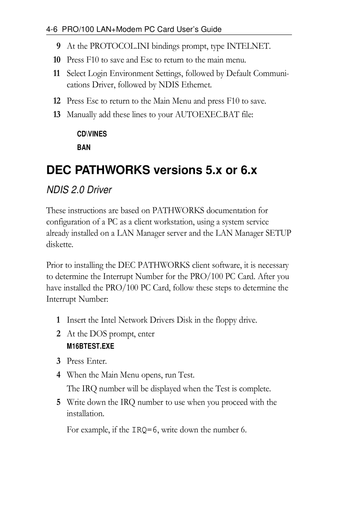 Intel PRO/100 appendix DEC Pathworks versions 5.x or 