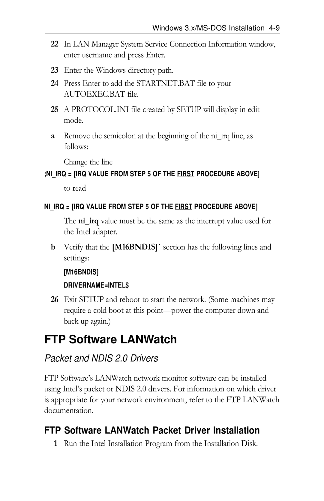 Intel PRO/100 appendix FTP Software LANWatch Packet Driver Installation 