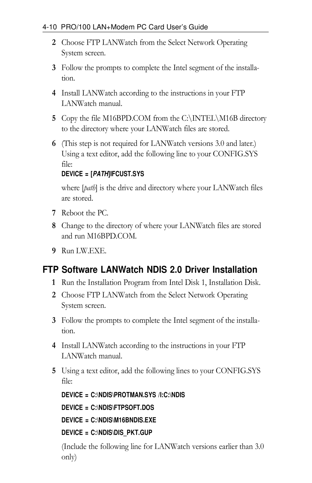 Intel PRO/100 appendix FTP Software LANWatch Ndis 2.0 Driver Installation, File 