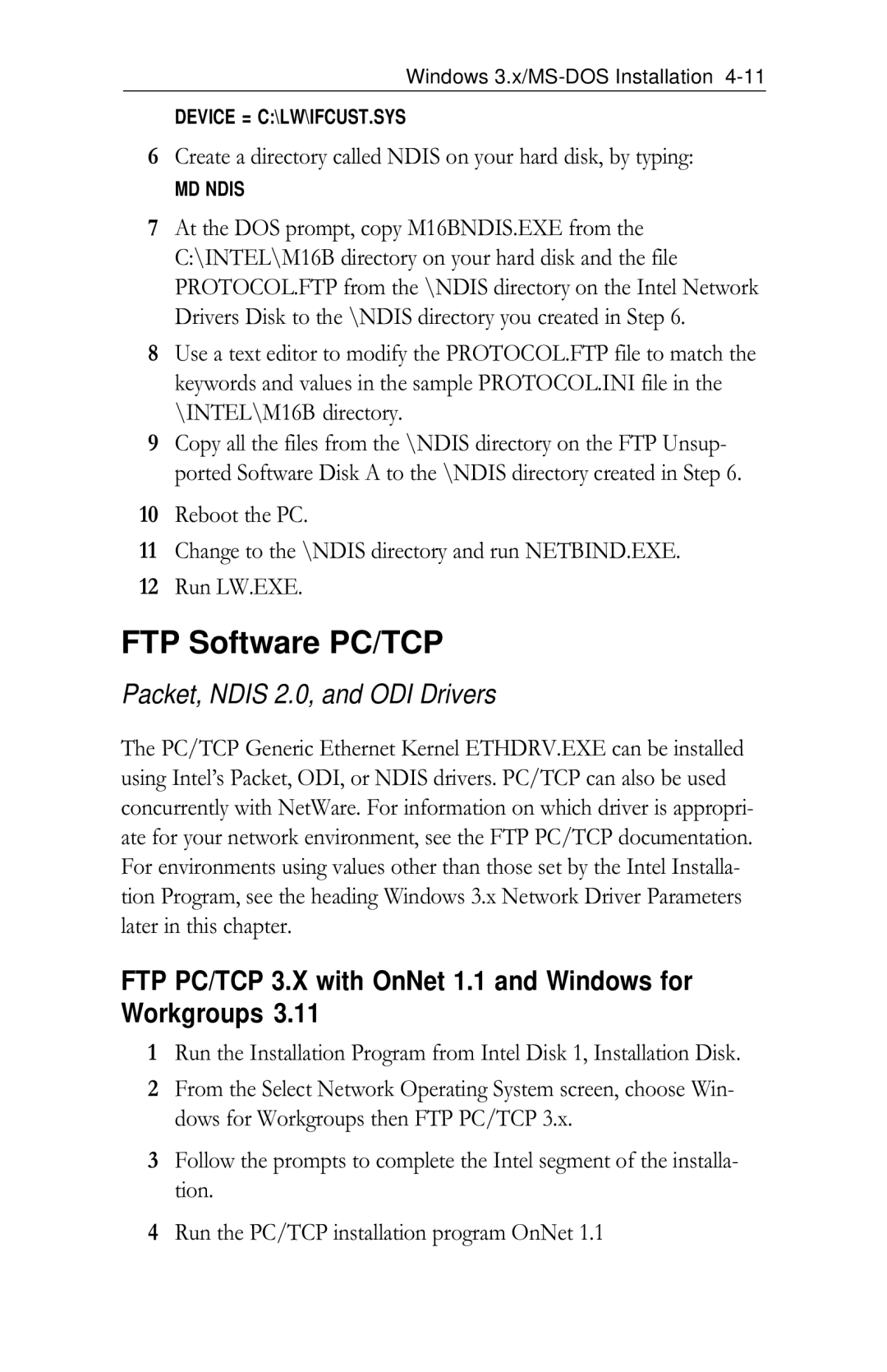 Intel PRO/100 appendix FTP Software PC/TCP, FTP PC/TCP 3.X with OnNet 1.1 and Windows for Workgroups 