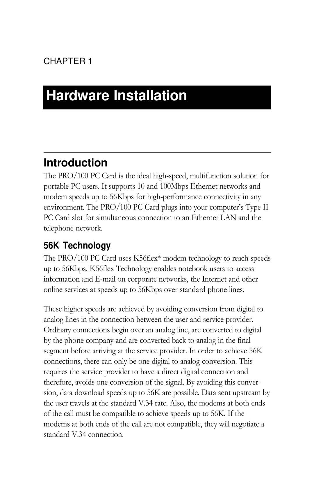 Intel PRO/100 appendix Hardware Installation, Introduction, 56K Technology 