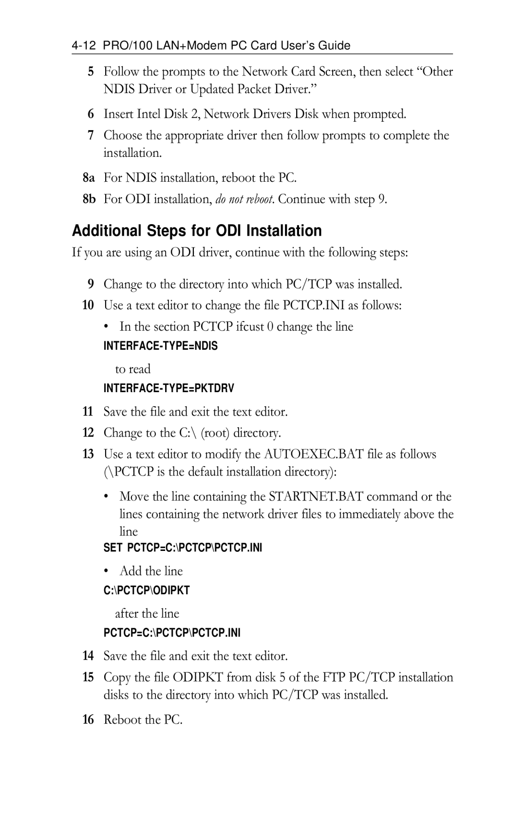 Intel PRO/100 appendix Additional Steps for ODI Installation, Line, Add the line, After the line 