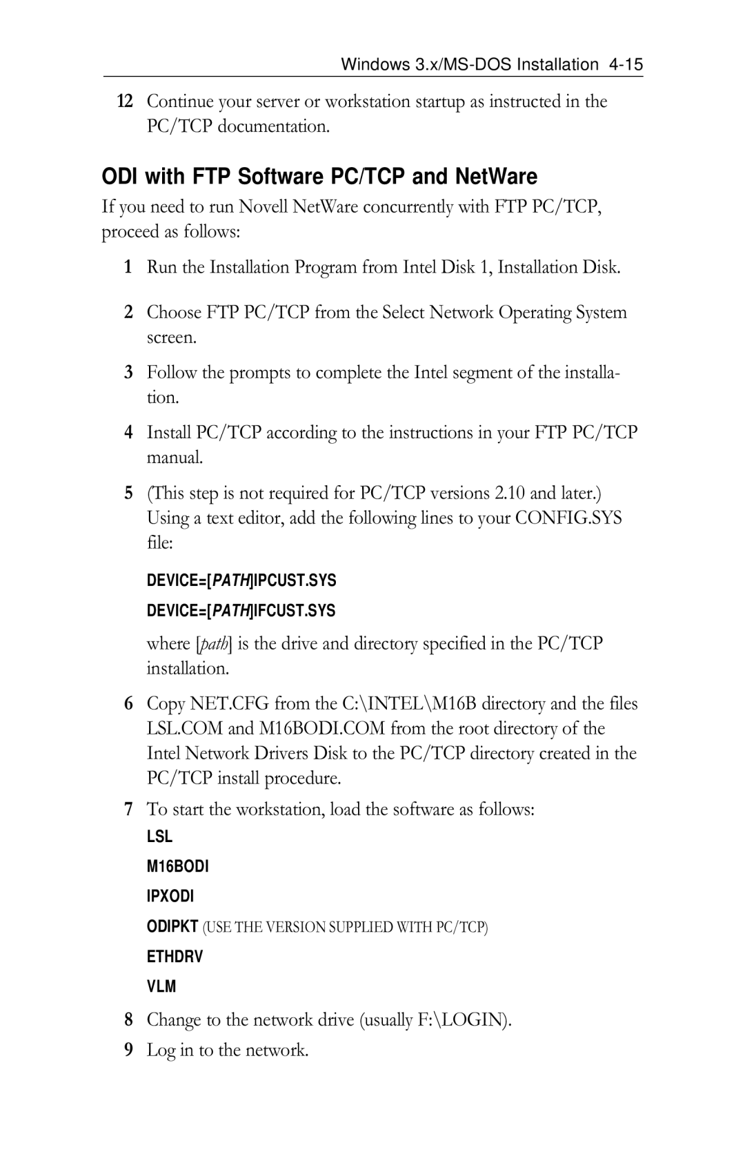 Intel PRO/100 appendix ODI with FTP Software PC/TCP and NetWare 