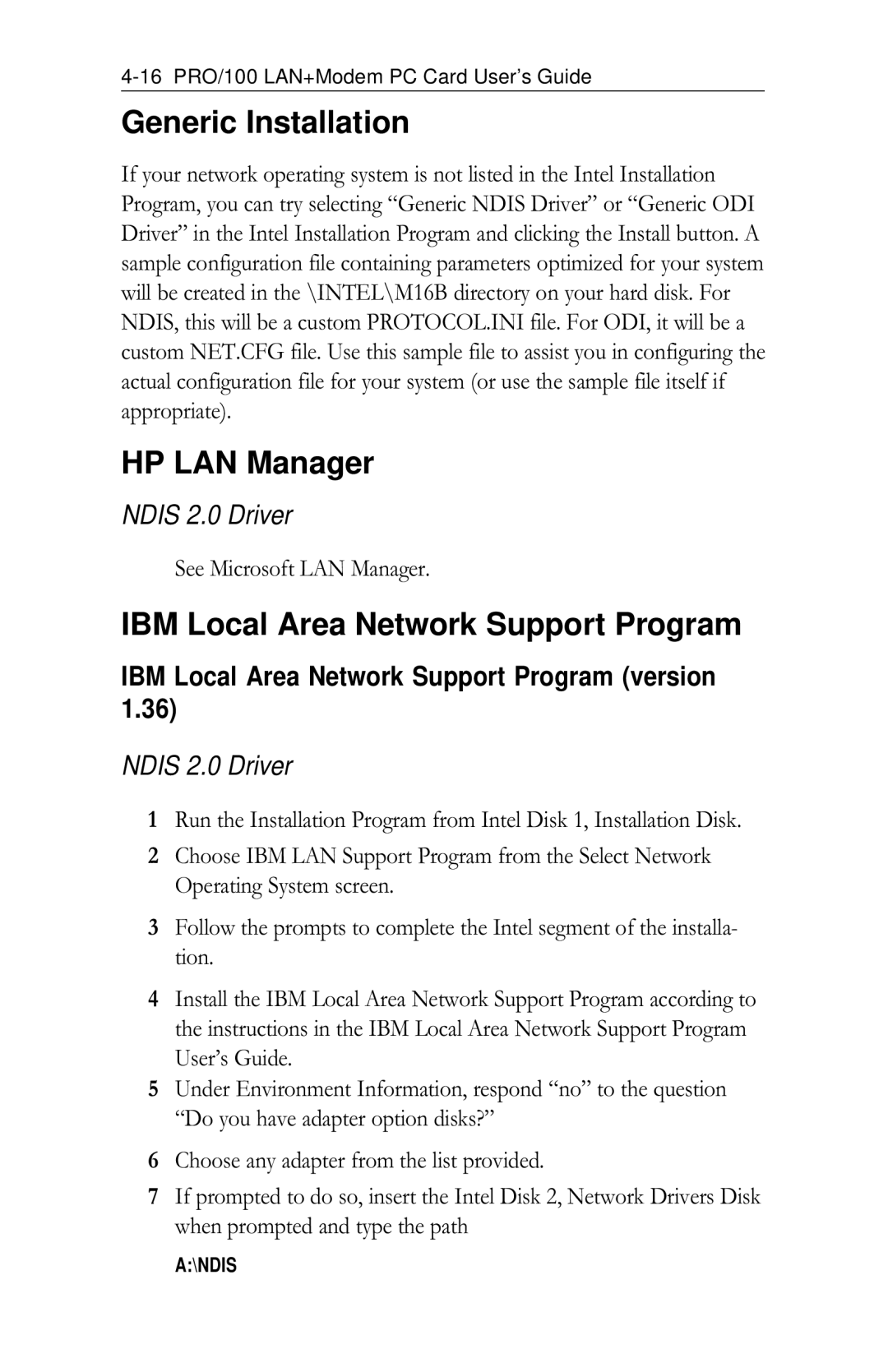 Intel PRO/100 appendix Generic Installation, HP LAN Manager, IBM Local Area Network Support Program 