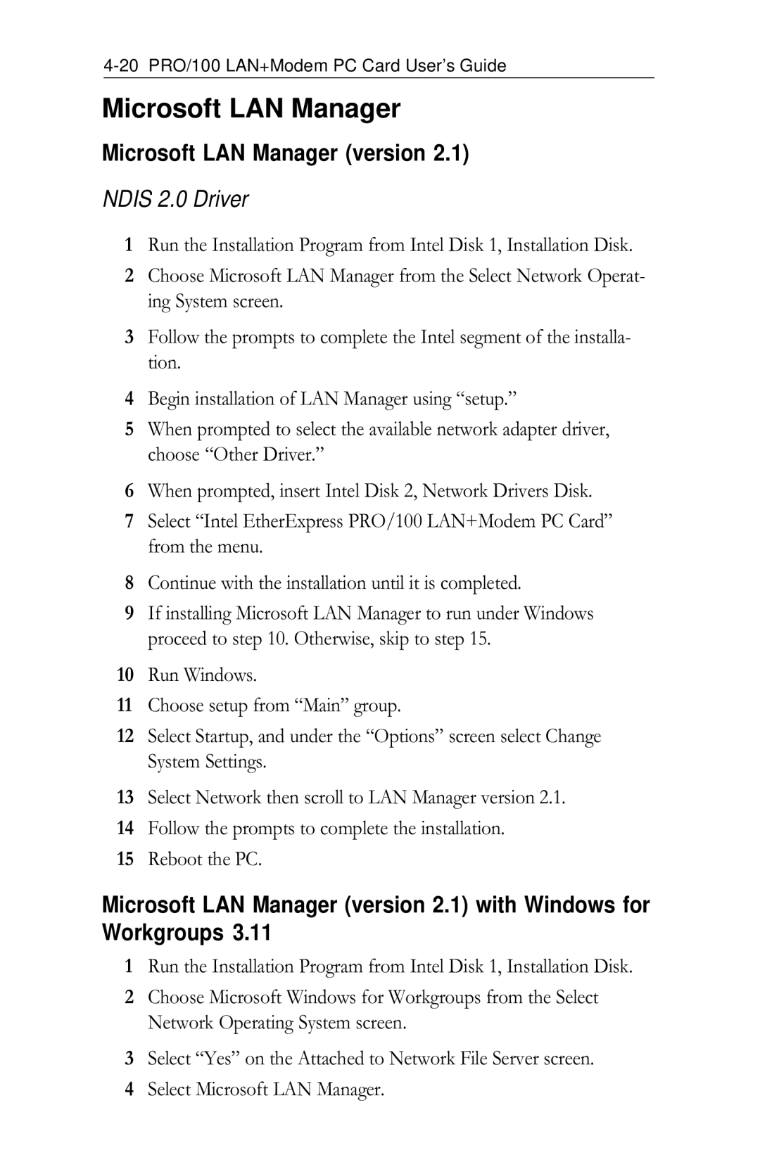 Intel PRO/100 appendix Microsoft LAN Manager version 