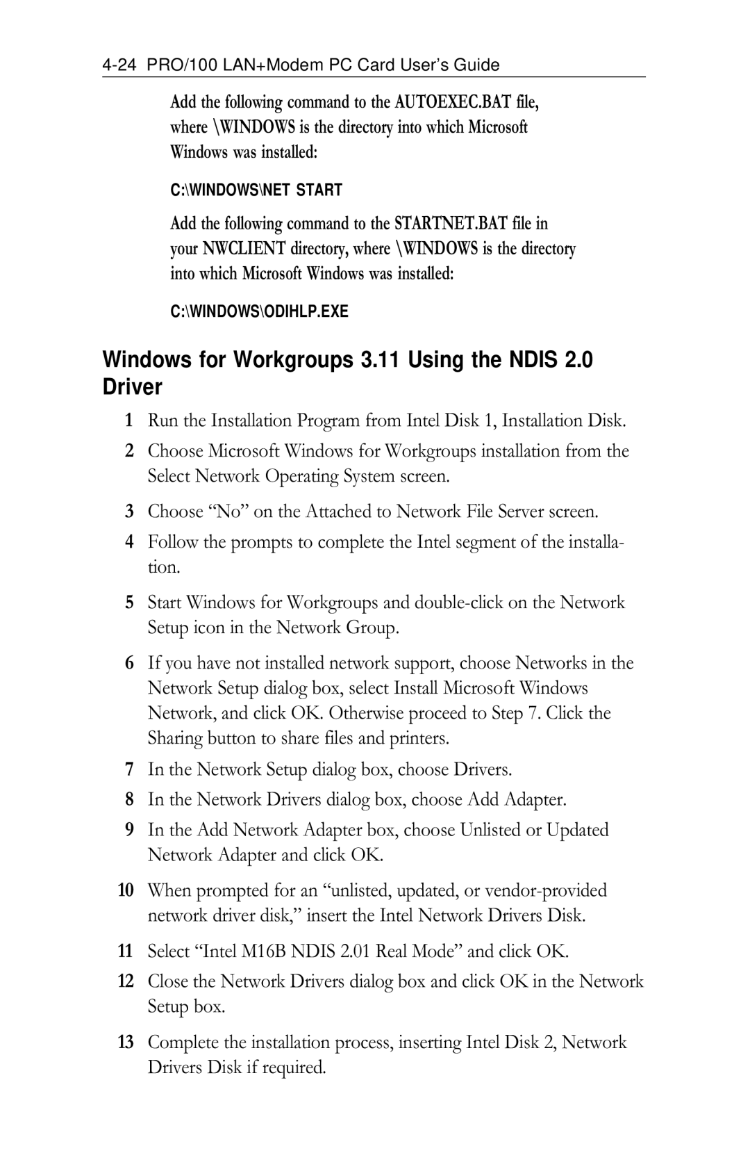 Intel appendix Windows for Workgroups 3.11 Using the Ndis 2.0 Driver, 24 PRO/100 LAN+Modem PC Card User’s Guide 
