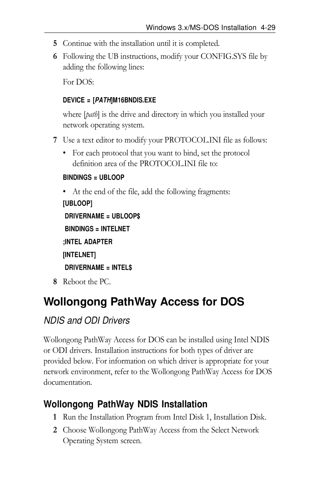 Intel PRO/100 appendix Wollongong PathWay Access for DOS, Wollongong PathWay Ndis Installation 