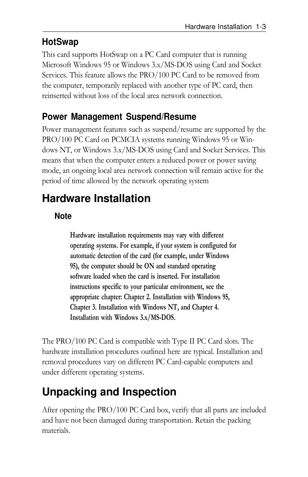 Intel PRO/100 appendix Hardware Installation, Unpacking and Inspection, HotSwap, Power Management Suspend/Resume 