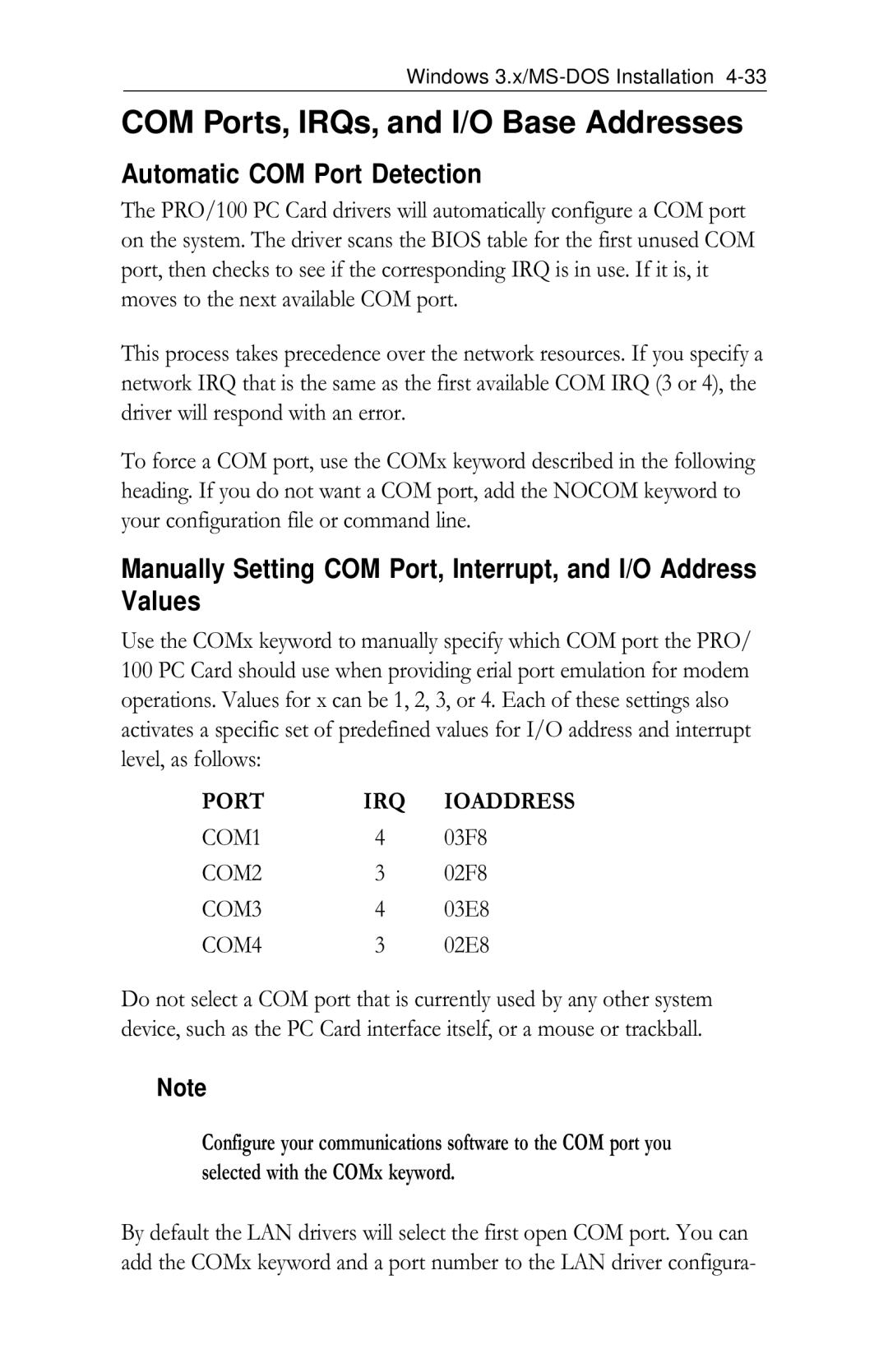 Intel PRO/100 appendix COM Ports, IRQs, and I/O Base Addresses, Automatic COM Port Detection 