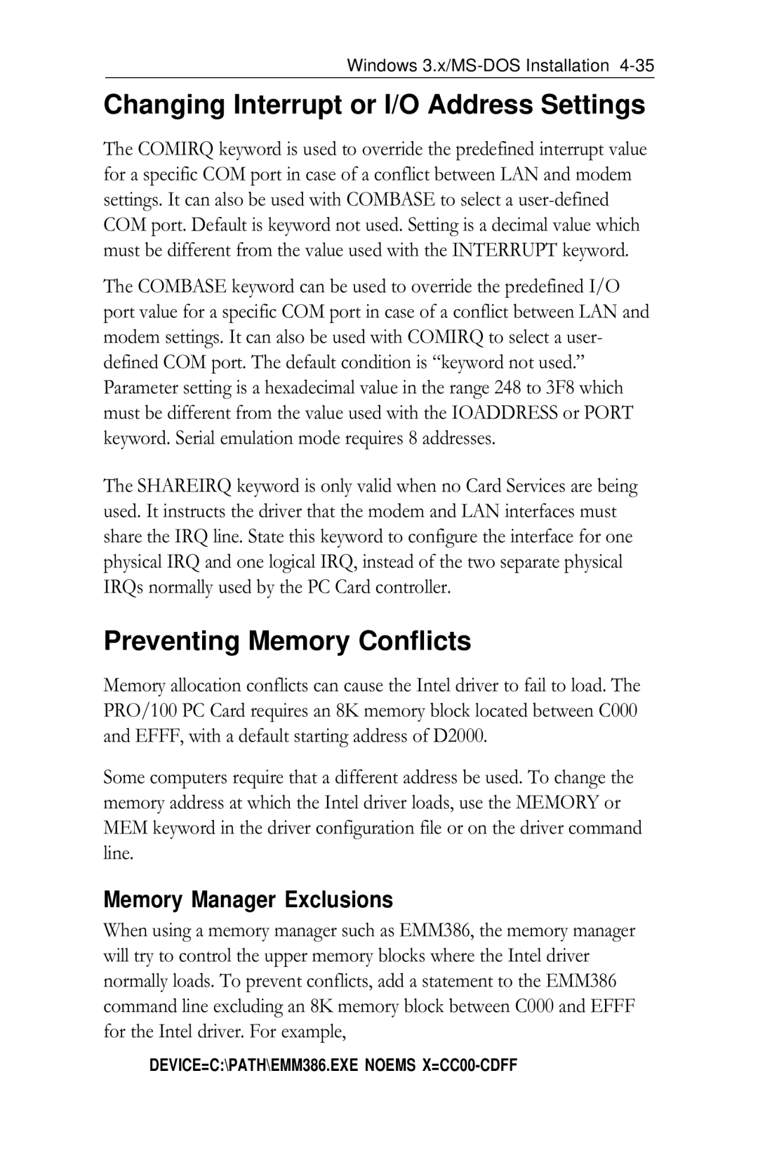 Intel PRO/100 appendix Changing Interrupt or I/O Address Settings, Preventing Memory Conflicts, Memory Manager Exclusions 