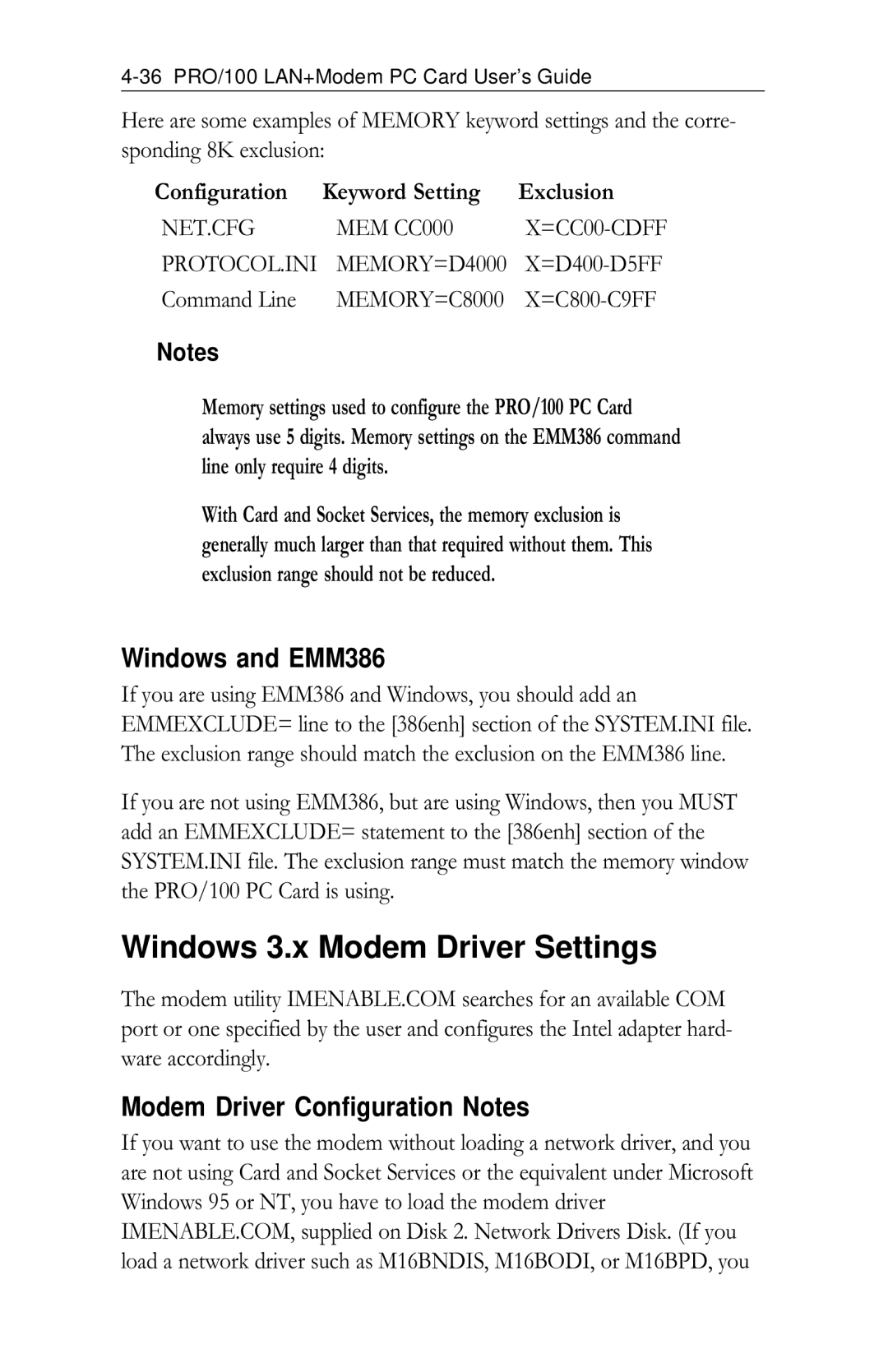 Intel PRO/100 Windows 3.x Modem Driver Settings, Windows and EMM386, Modem Driver Configuration Notes, NET.CFG MEM CC000 