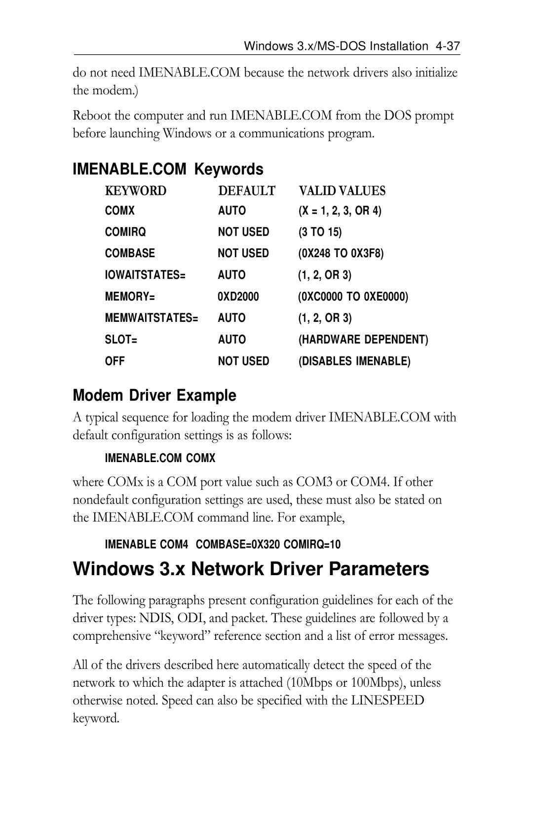 Intel PRO/100 appendix Windows 3.x Network Driver Parameters, Modem Driver Example 