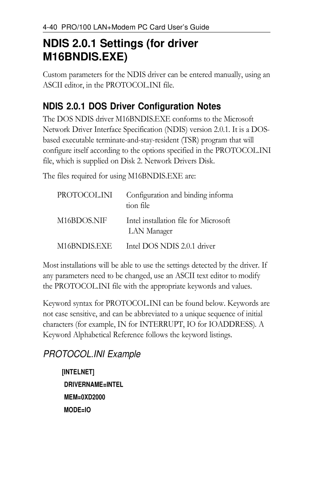 Intel PRO/100 appendix Ndis 2.0.1 Settings for driver, Ndis 2.0.1 DOS Driver Configuration Notes, Protocol.Ini, M16BDOS.NIF 