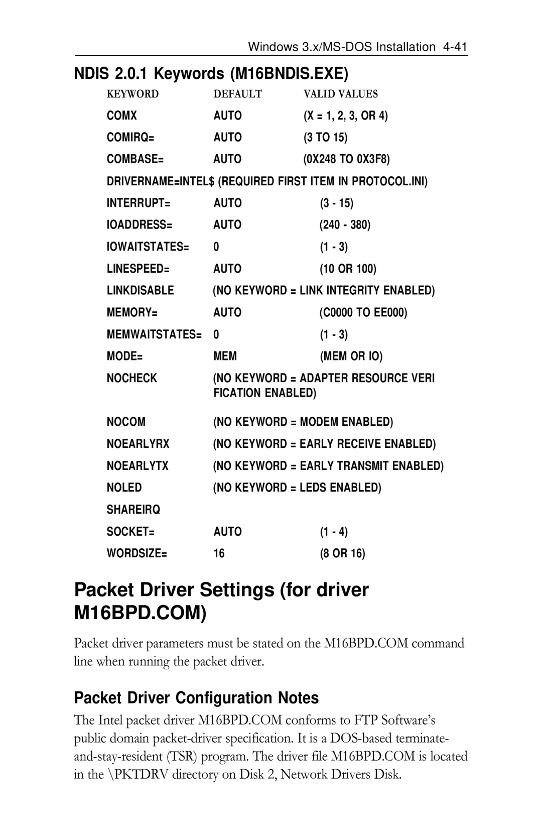 Intel PRO/100 Packet Driver Settings for driver, Ndis 2.0.1 Keywords M16BNDIS.EXE, Packet Driver Configuration Notes 