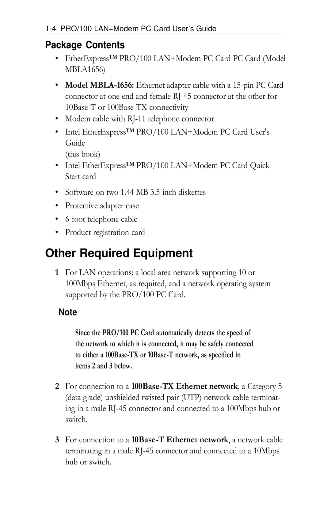 Intel PRO/100 appendix Other Required Equipment, Package Contents 