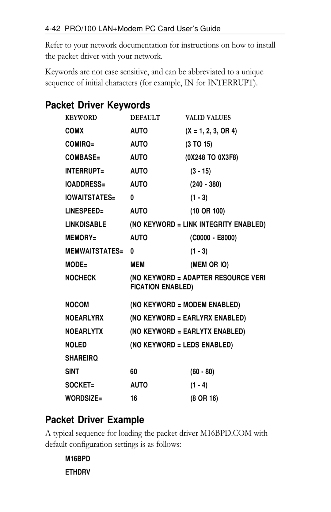 Intel PRO/100 appendix Packet Driver Keywords, Packet Driver Example 