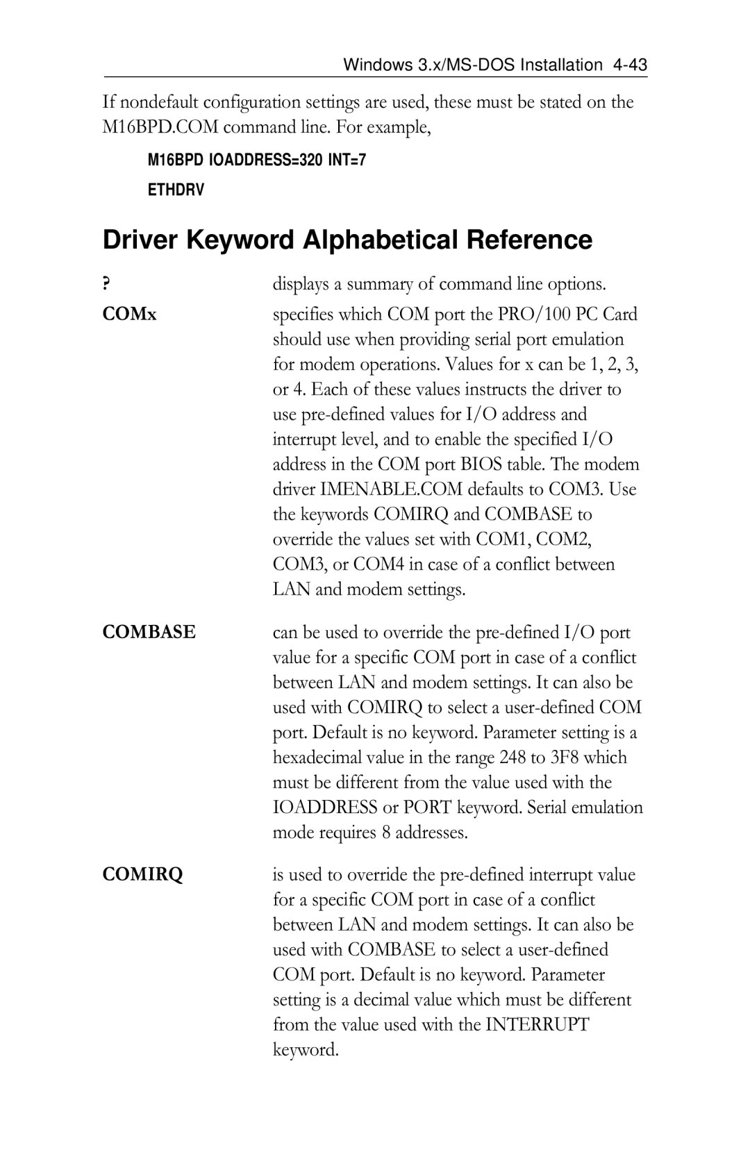 Intel PRO/100 appendix Driver Keyword Alphabetical Reference, Combase, Comirq 