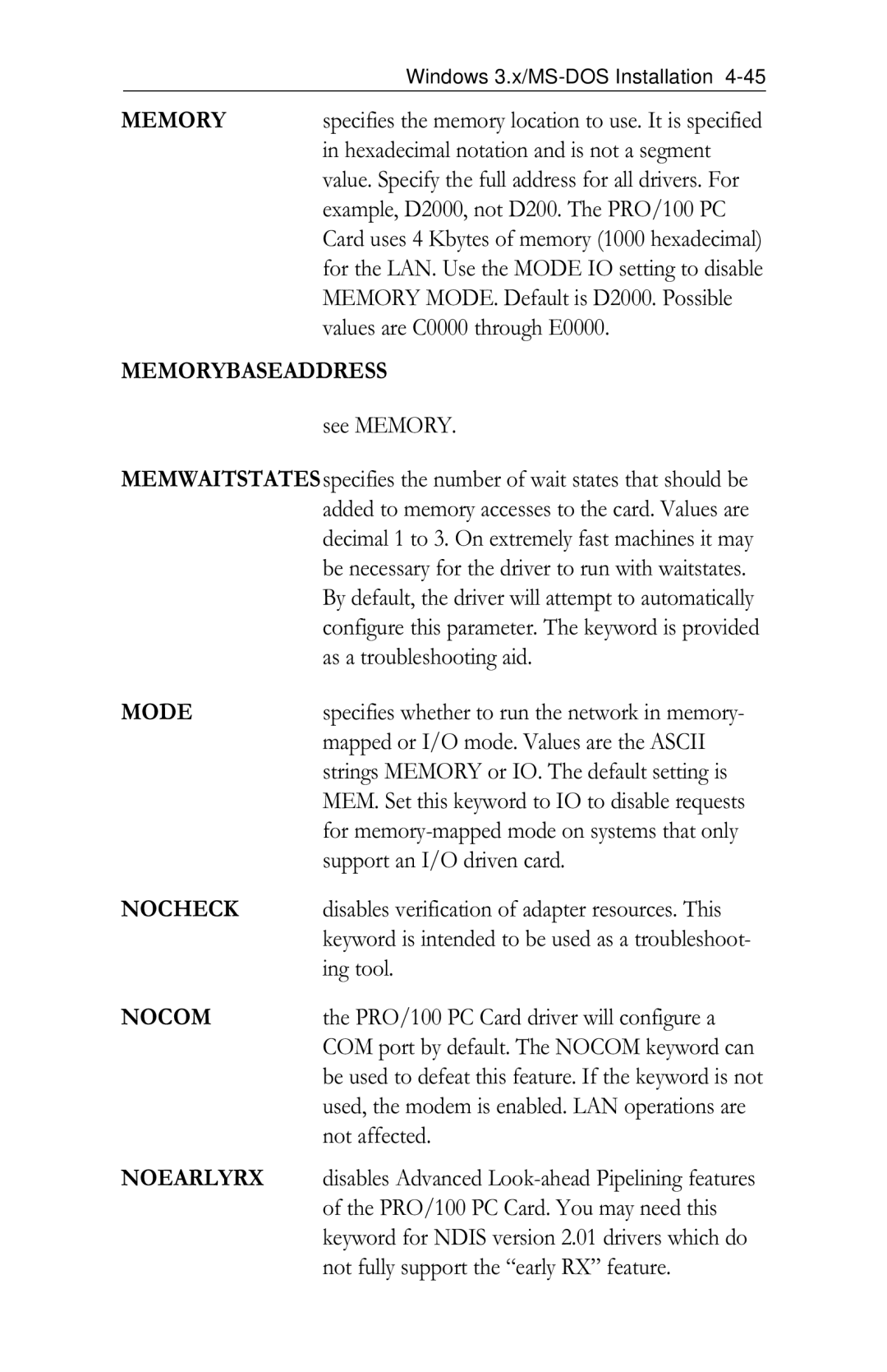 Intel PRO/100 appendix Memorybaseaddress, Mode, Nocheck, Nocom, Noearlyrx 