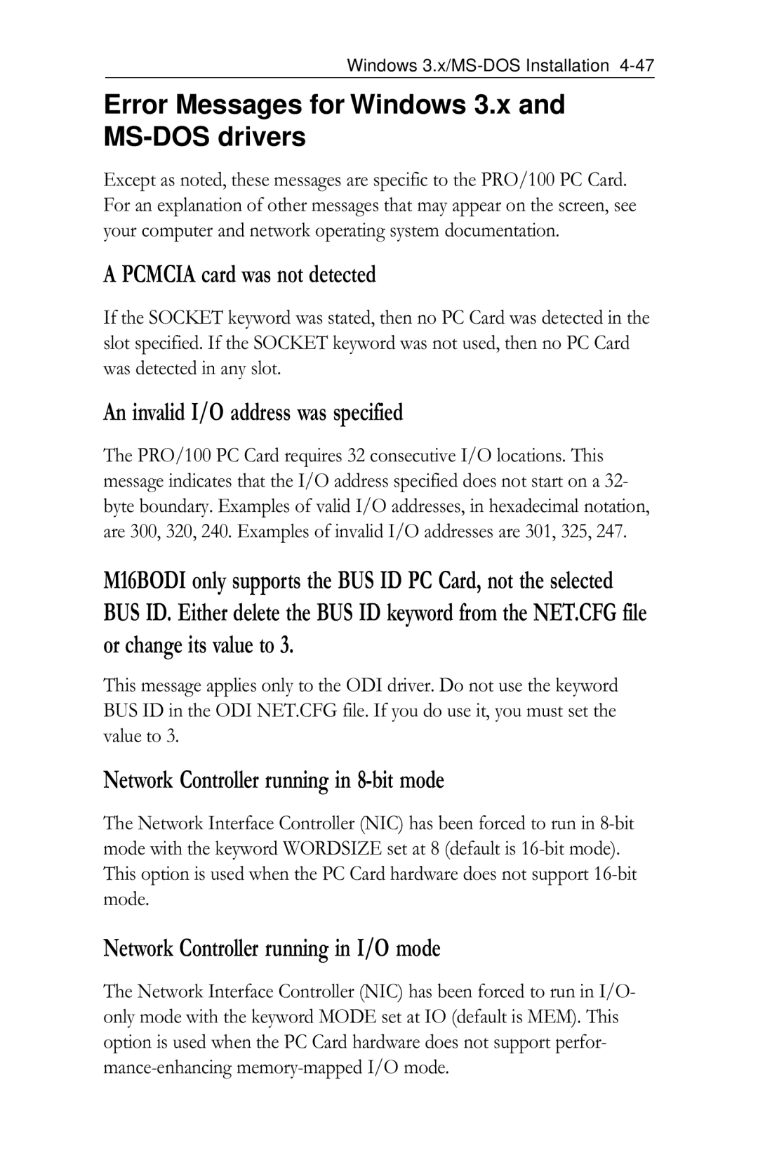 Intel PRO/100 appendix Error Messages for Windows 3.x and MS-DOS drivers, Pcmcia card was not detected 