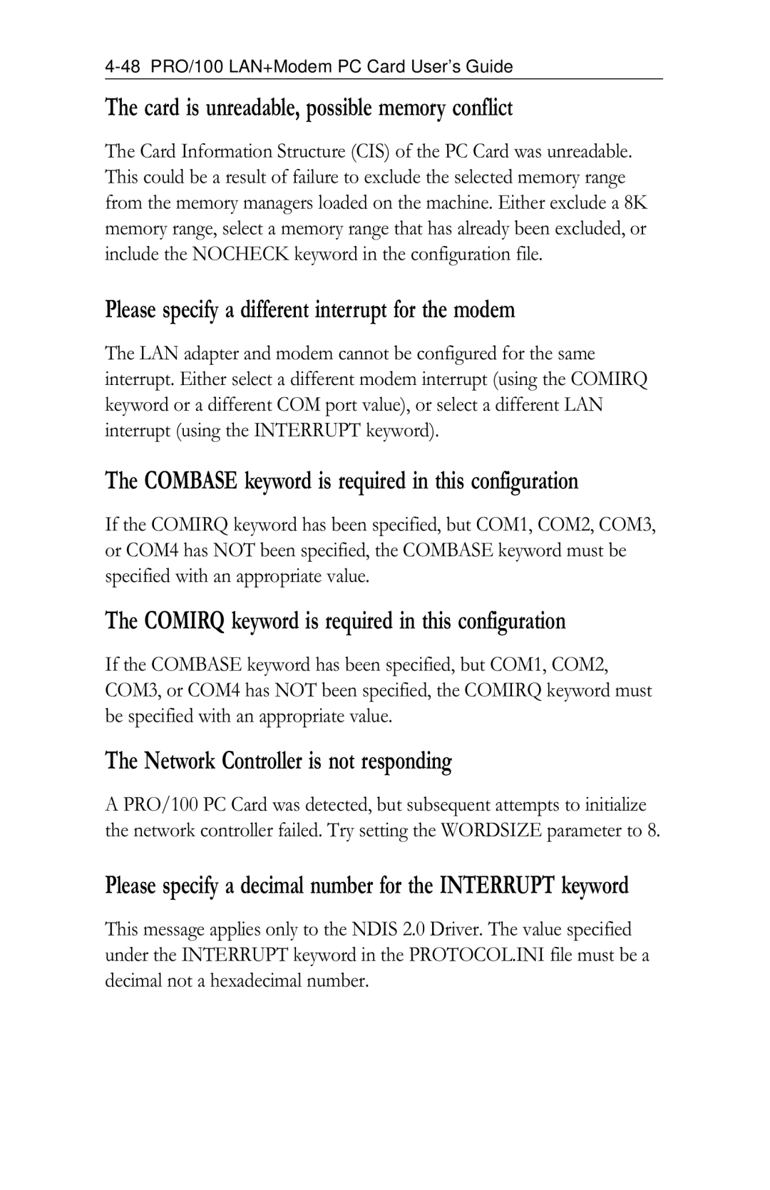 Intel PRO/100 appendix Card is unreadable, possible memory conflict 