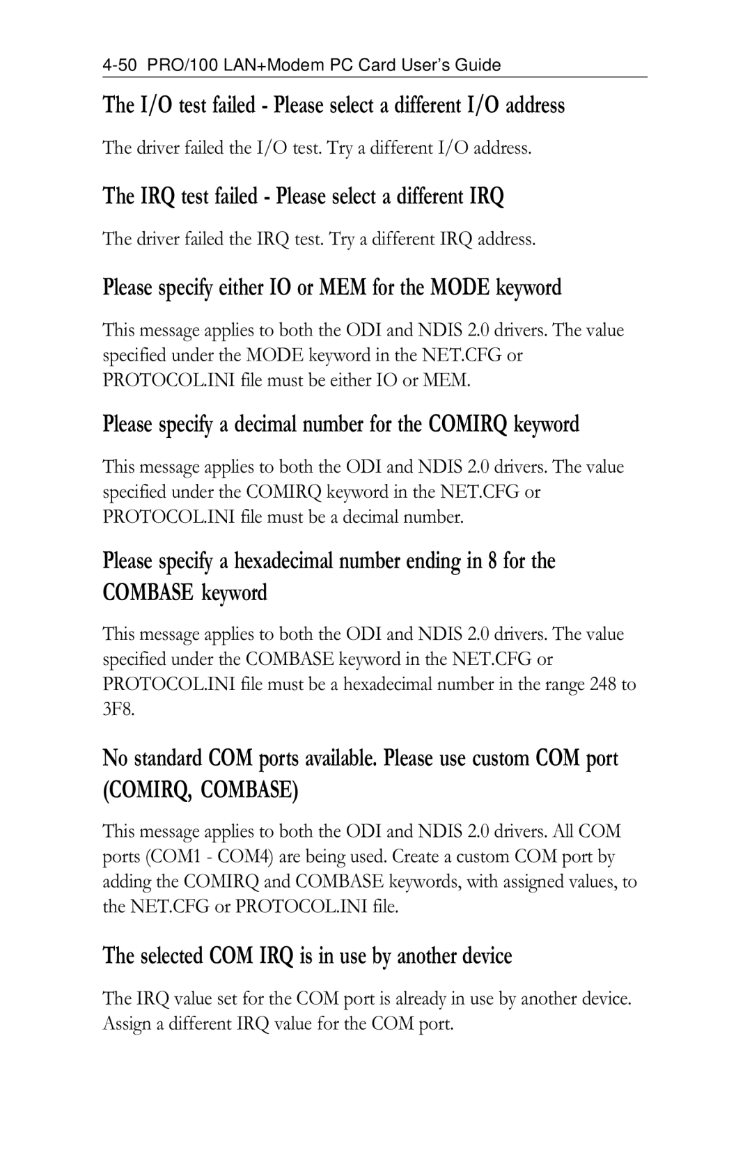 Intel PRO/100 appendix Driver failed the I/O test. Try a different I/O address 