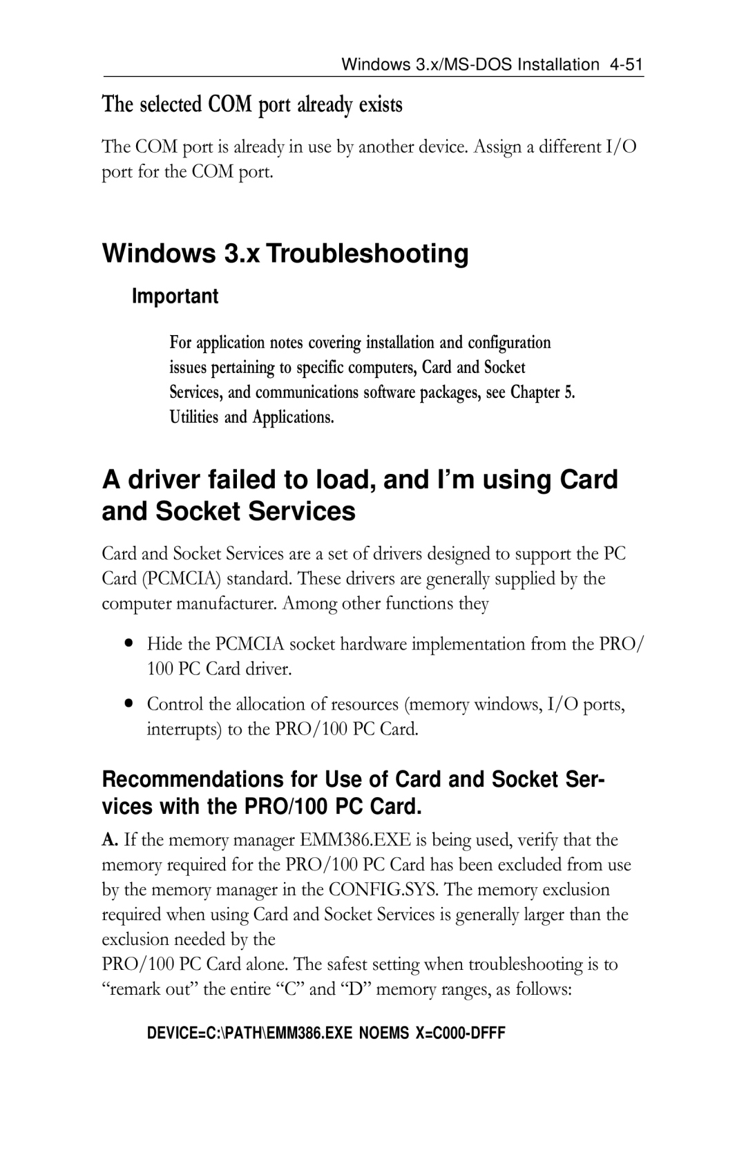 Intel PRO/100 appendix Selected COM port already exists, Windows 3.x Troubleshooting 