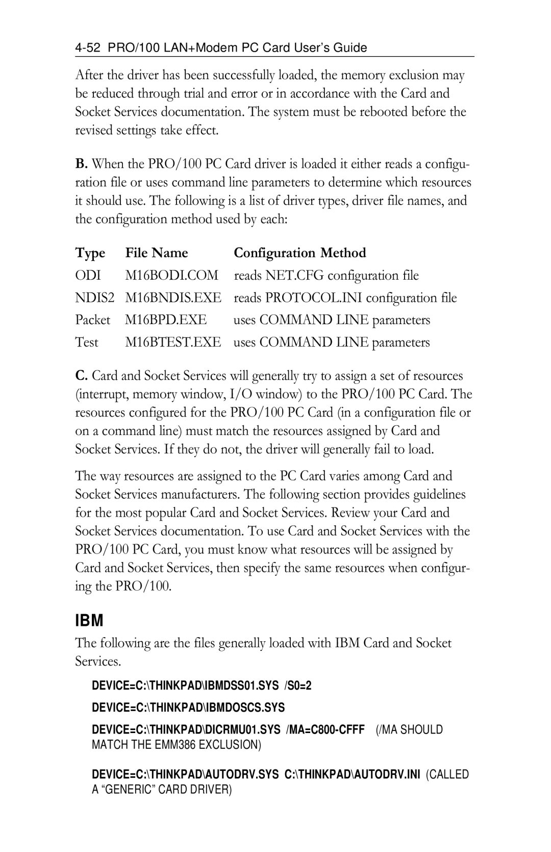 Intel PRO/100 appendix ODI M16BODI.COM, NDIS2 M16BNDIS.EXE, M16BPD.EXE 