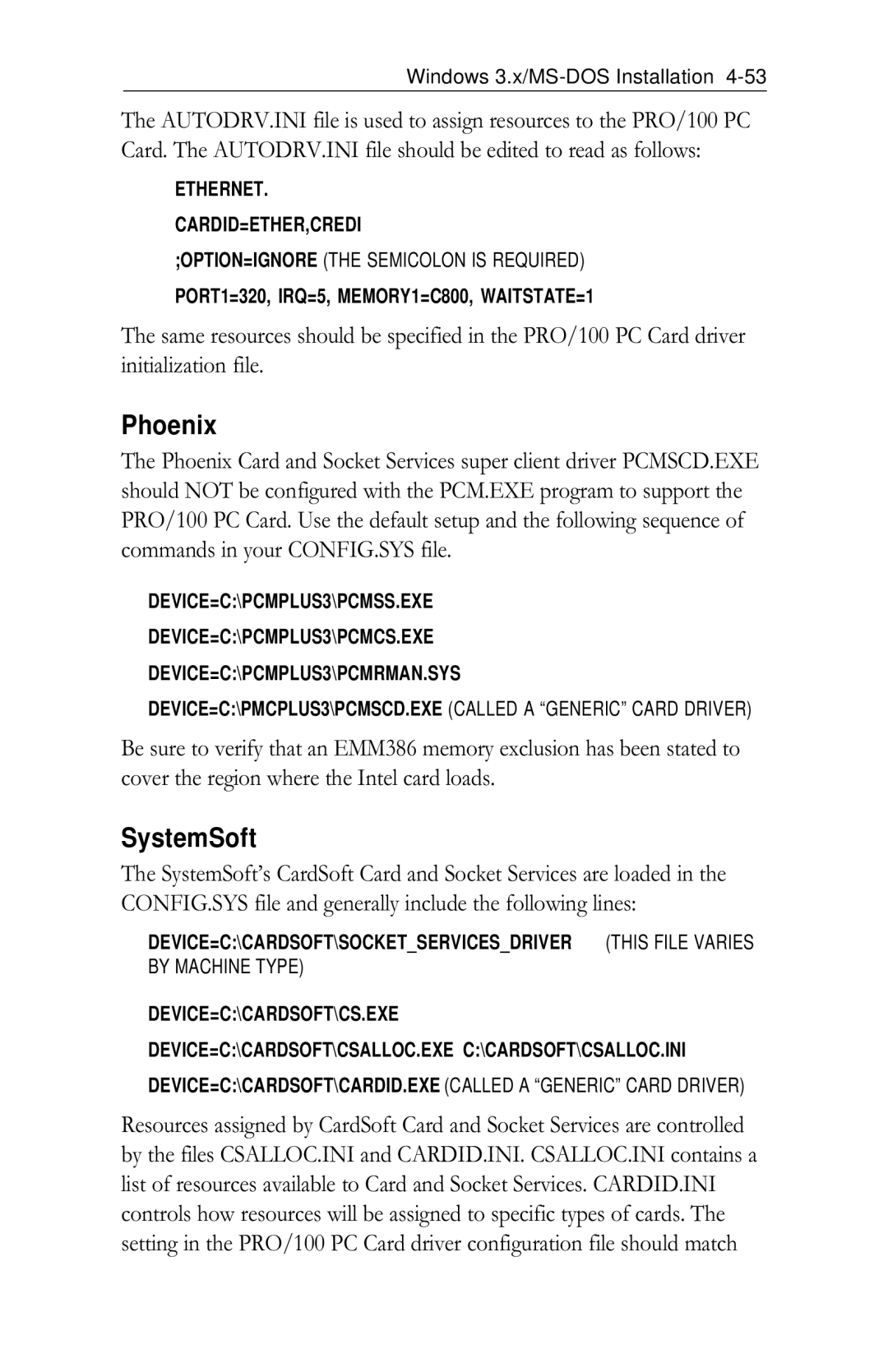 Intel PRO/100 appendix Phoenix, SystemSoft 