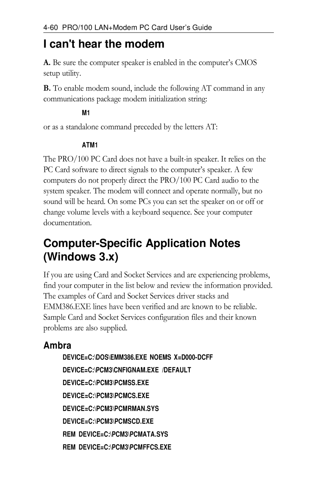 Intel PRO/100 appendix Cant hear the modem, Computer-Specific Application Notes Windows, Ambra 