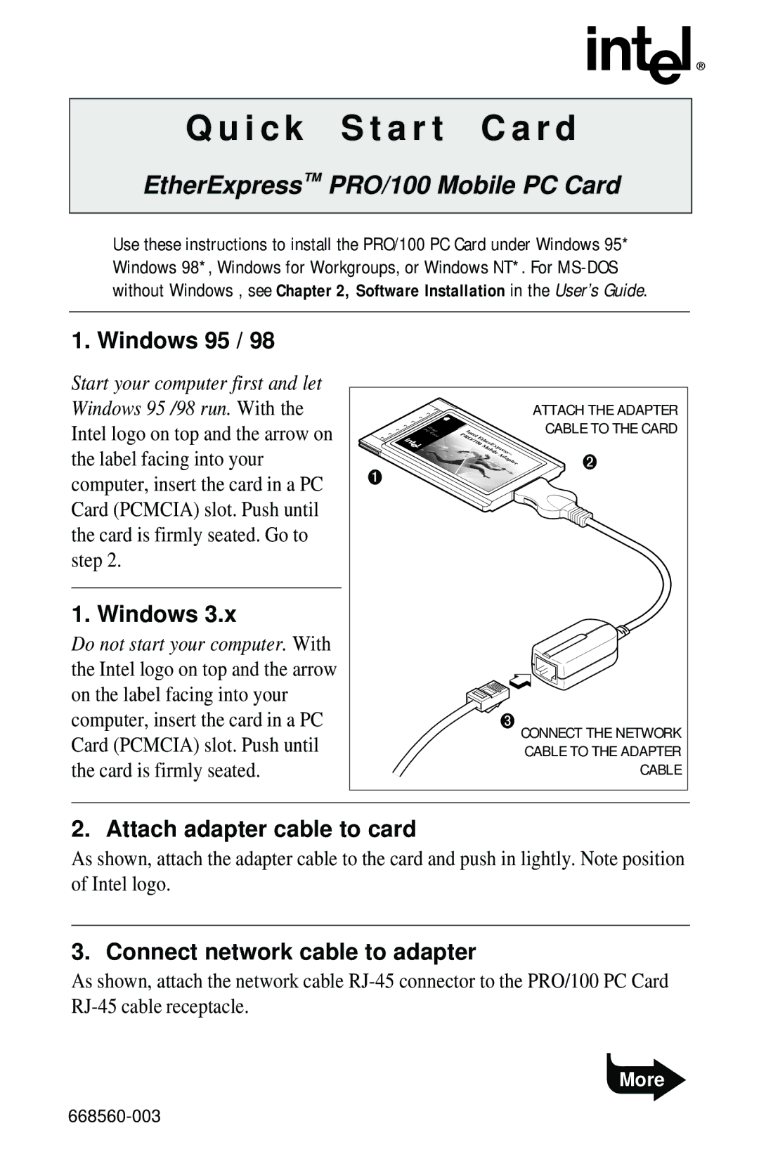 Intel quick start I c k S t a r t C a r d, EtherExpress PRO/100 Mobile PC Card 