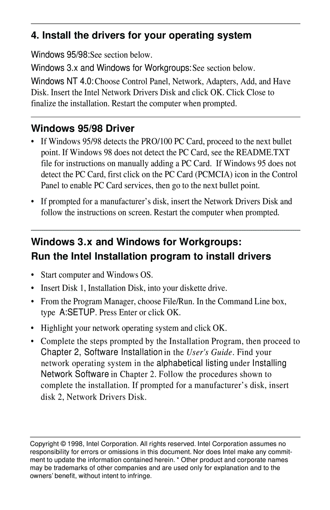 Intel PRO/100 quick start Install the drivers for your operating system, Windows 95/98 Driver 