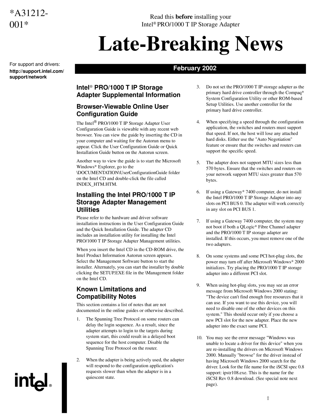 Intel PRO/1000 T installation instructions Late-Breaking News, A31212 001, February 