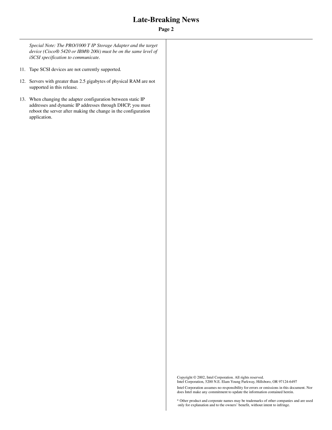 Intel PRO/1000 T installation instructions Late-Breaking News 