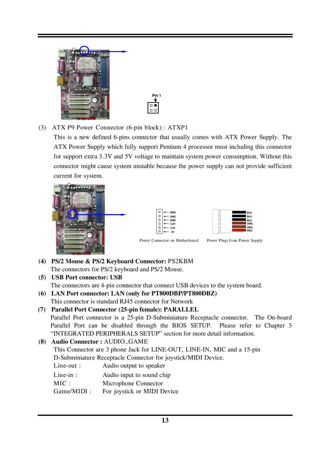 Intel VIA 8237, PT800DBP, PT800DBZ, VIA PT800 user manual ATX P9 Power Connector 6-pin block ATXP1, Audio Connector Audiogame 