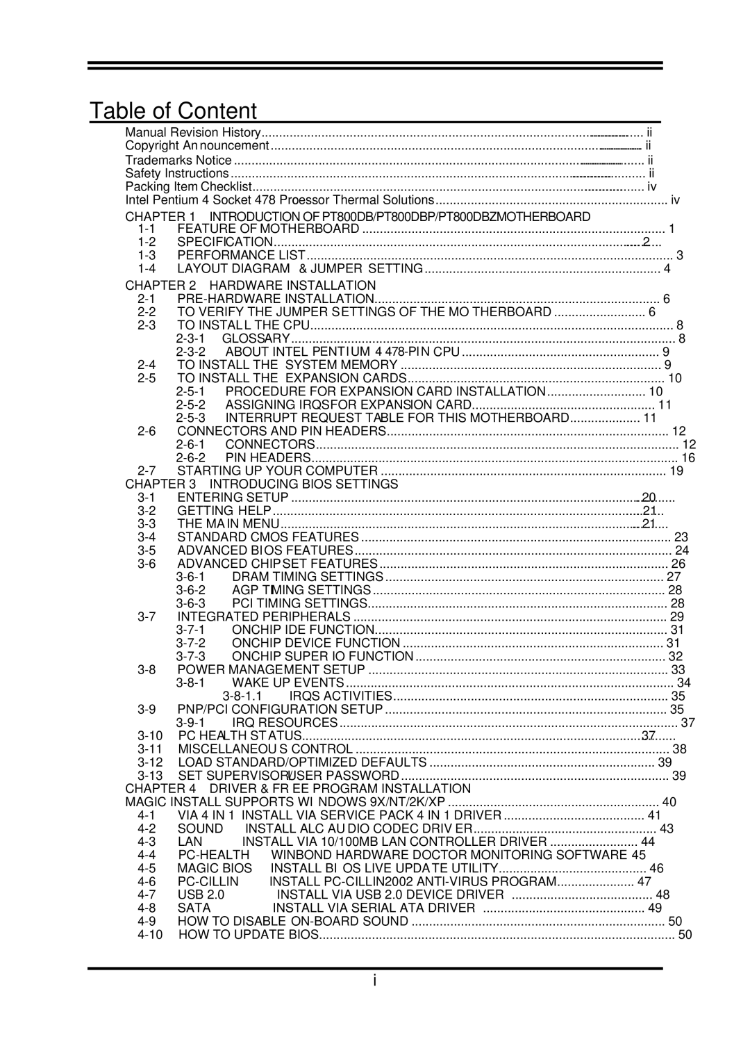 Intel PT800DBZ, PT800DBP, VIA 8237, VIA PT800 user manual Table of Content 