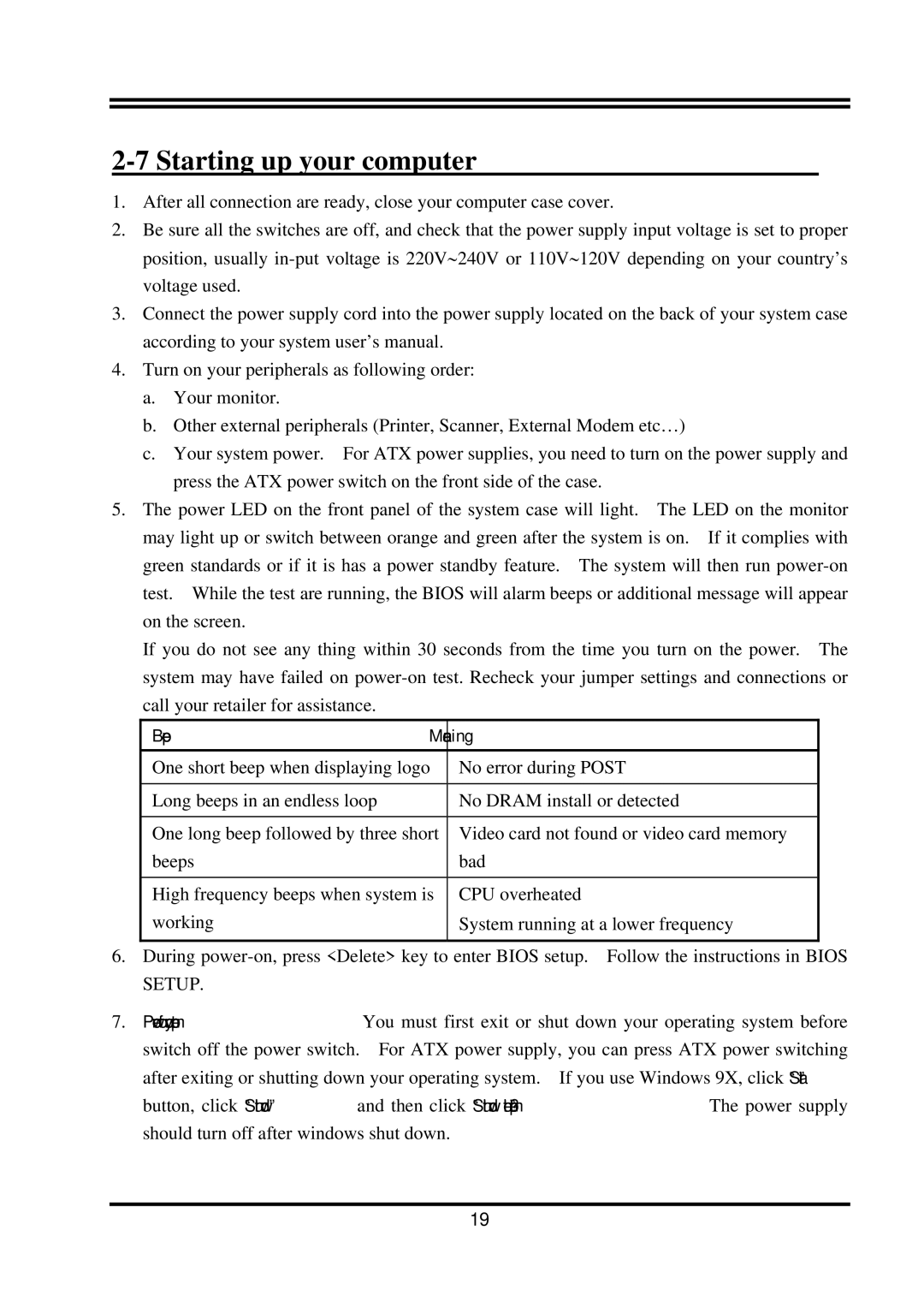 Intel VIA PT800, PT800DBP, PT800DBZ, VIA 8237 user manual Starting up your computer, Beep Meaning 