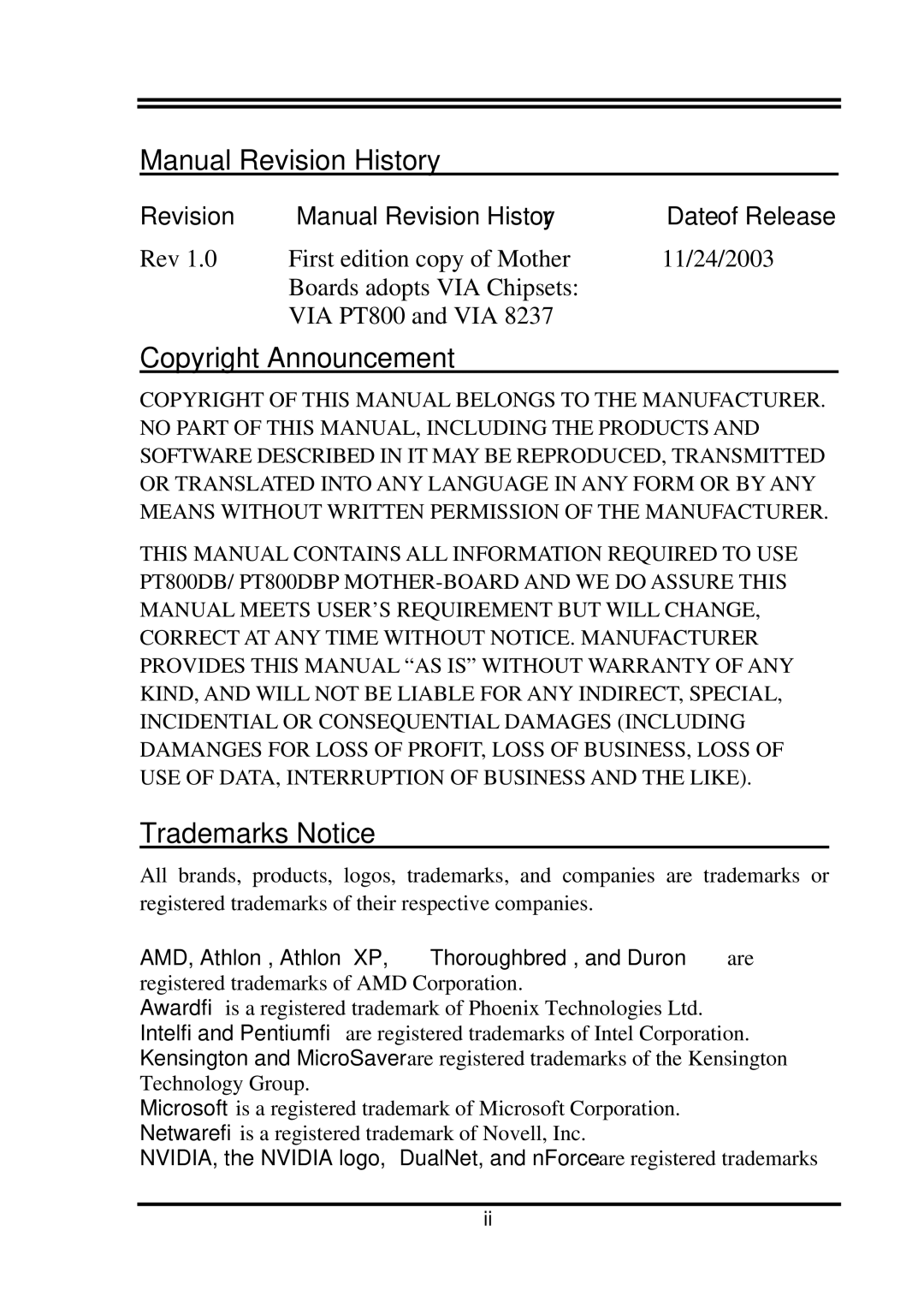 Intel VIA 8237, PT800DBP, PT800DBZ, VIA PT800 user manual Manual Revision History, Copyright Announcement, Trademarks Notice 